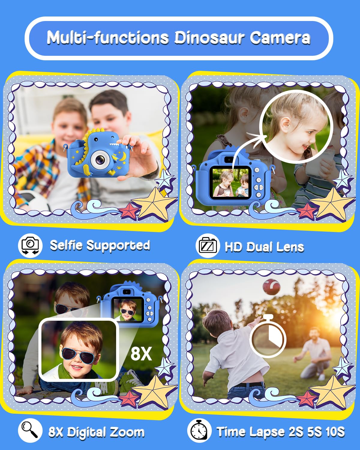 Greenkinder Kids Camera, Dinosaur Toddler Digital Camera For Boys Girls, Christmas Birthday Gifts, Selfie 1080P Camera For 3 4 5 6 7 8 9 Years Old Toys Dark Blue