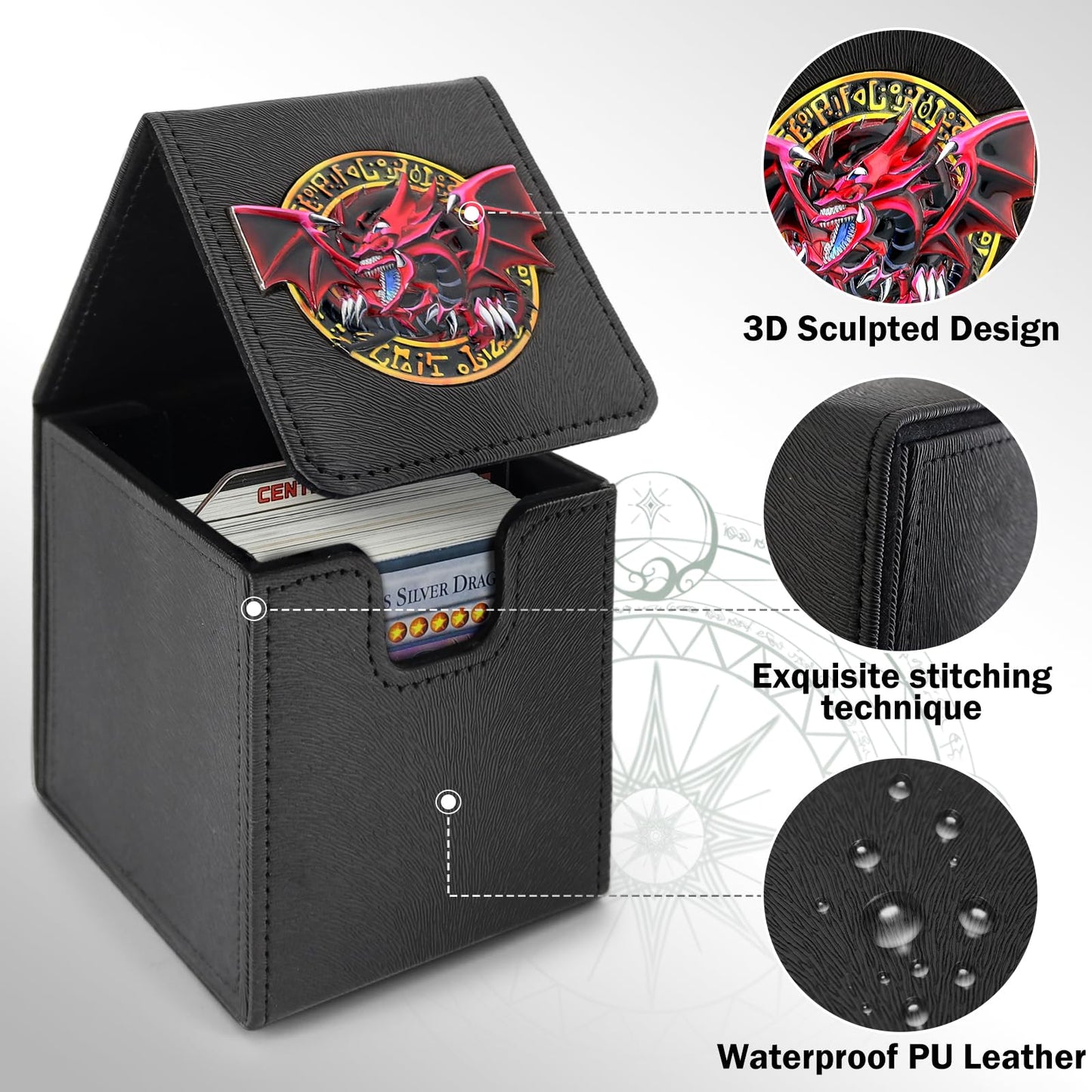 Card Deck Box For Ygo Mtg 3D Sculpted Relief Deck Box 110 Card Storage Box Trading Games Leather Storage With Divider (Sky Drago