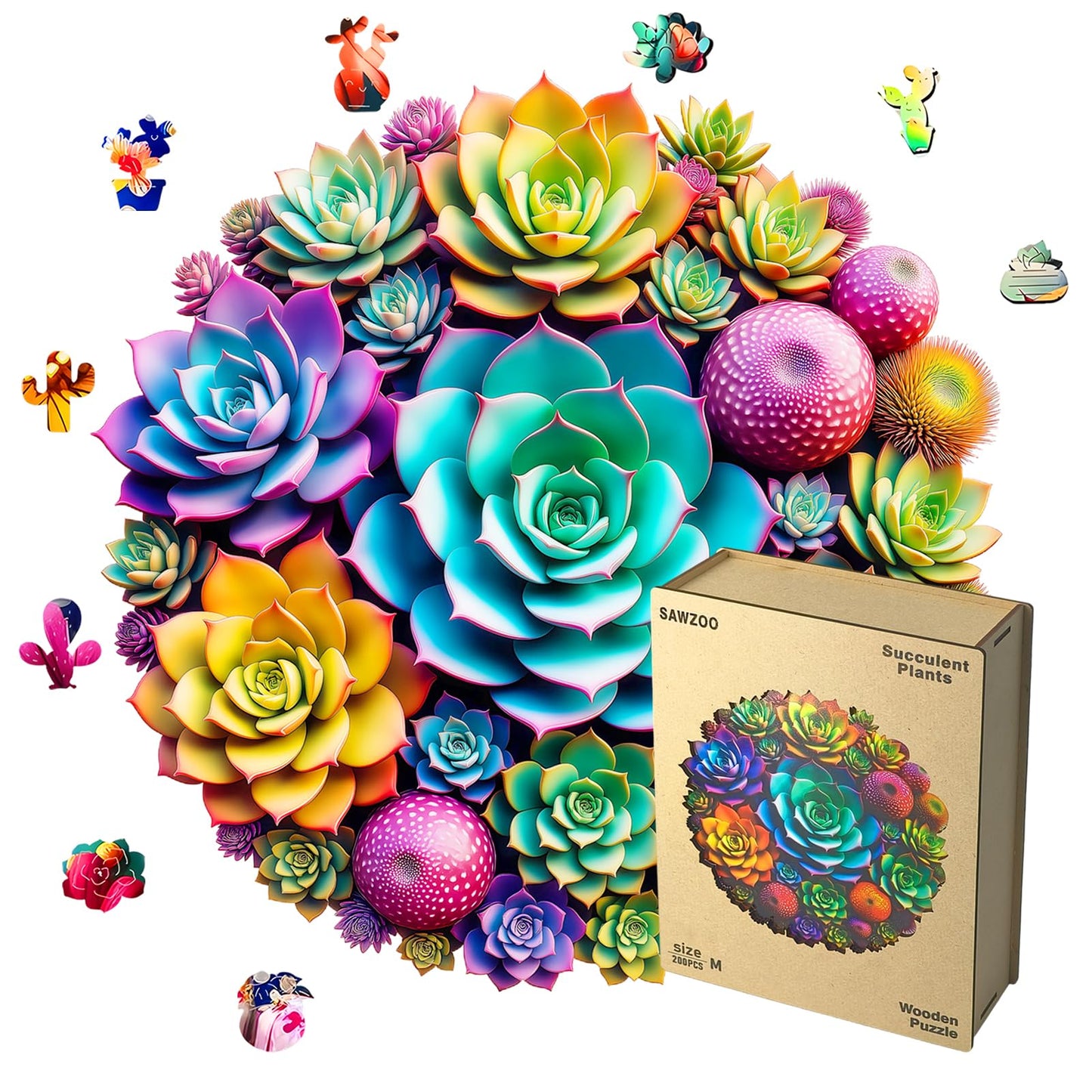 Wooden Jigsaw Puzzles for mature-themeds and Kids  Succulent Plants 200 Piece Unique Shaped Puzzle  Family Game and Creative Wooden Puzzle Gift  Wall Art Decor  11 x 11 Inch