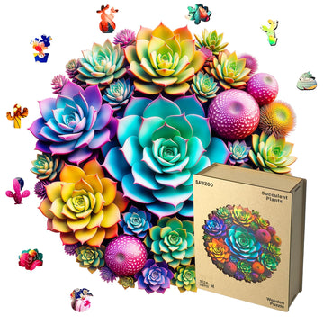 Wooden Jigsaw Puzzles for mature-themeds and Kids  Succulent Plants 200 Piece Unique Shaped Puzzle  Family Game and Creative Wooden Puzzle Gift  Wall Art Decor  11 x 11 Inch