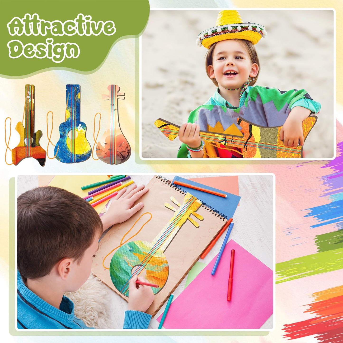 Syhood 36 Pcs 18 Sets DIY Wood Guitar for Kids (6 Difference Designs) with Pigments (6 Colors), Christmas Kids Gift for Boys Gir