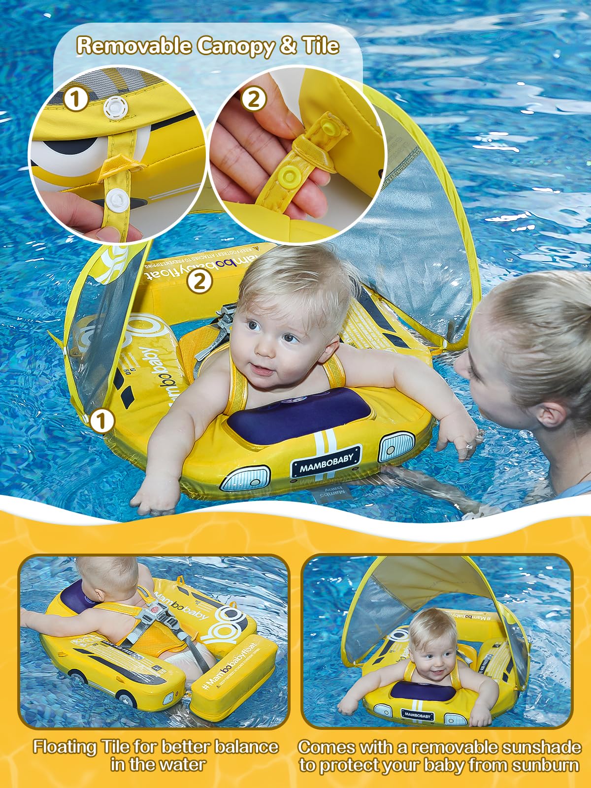 Kalolary Baby Pool Float with Canopy, Non-Inflatable Swim Trainer, Adjustable Strap, for 3-24 Months, Yellow Car