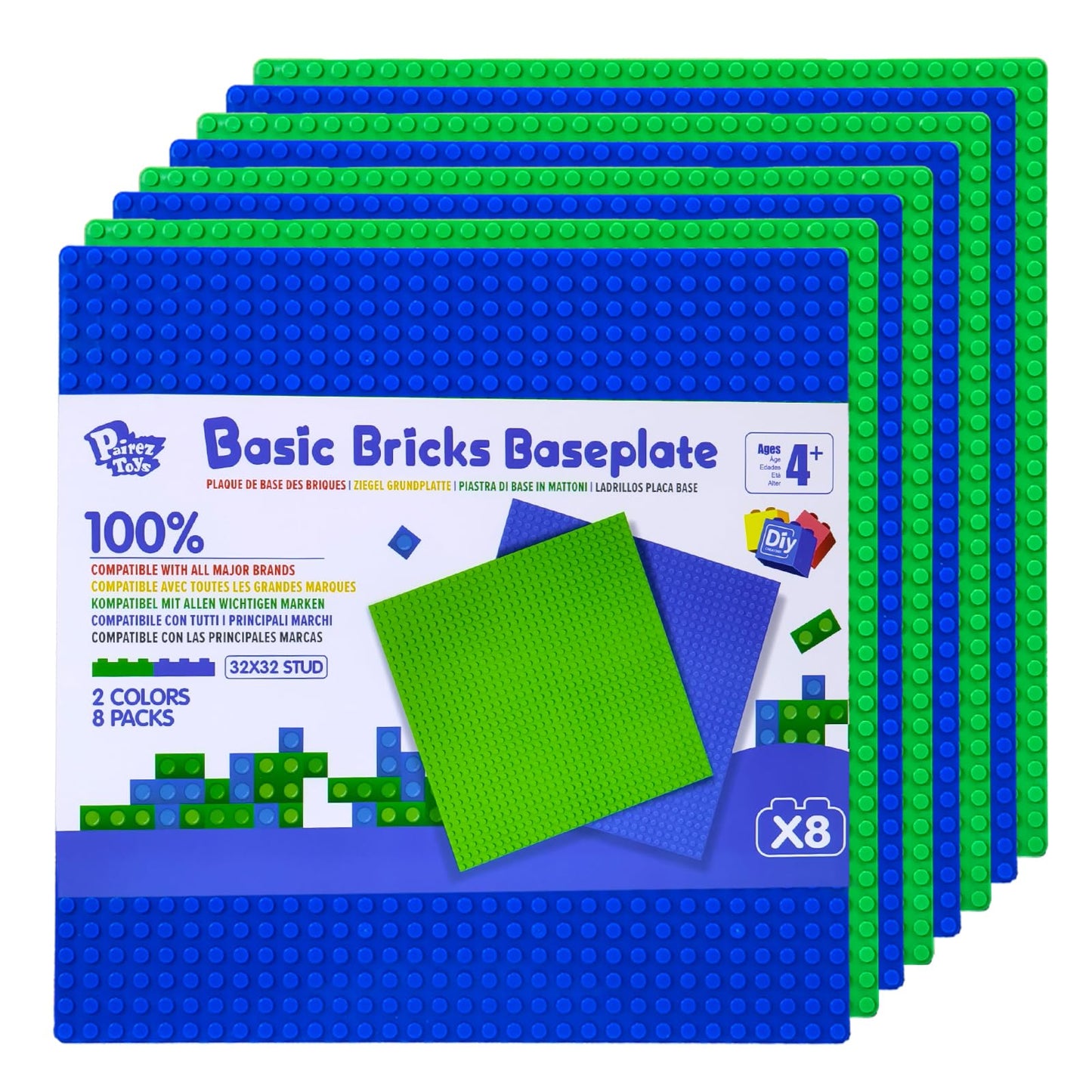 Pairez Toys Classic Base Plates For Building, 10' X10” Baseplates Multipack, Compatible With All Major Brands, 8 Pack, Building Brick Plates For Tables, Mats (Green & Blue)