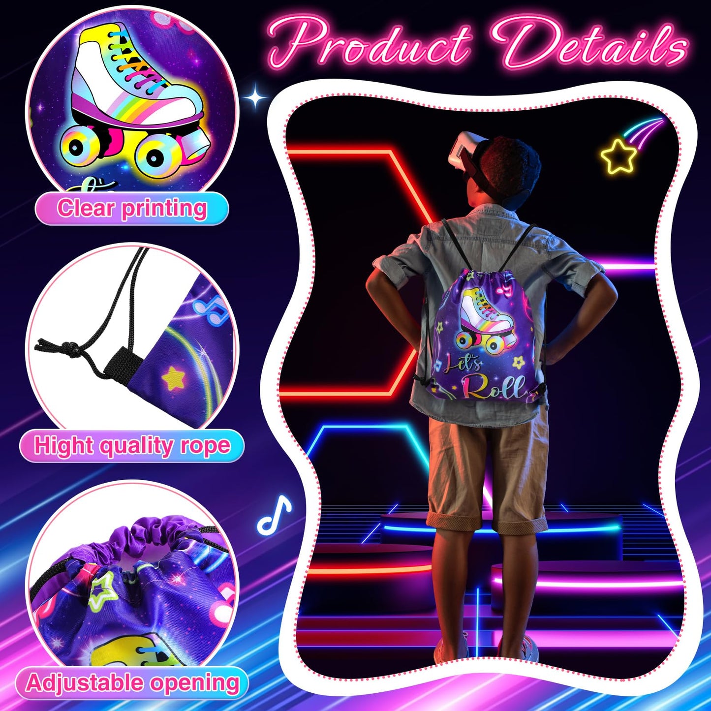 Censen 24 Pcs Roller Skate Party Favor Drawstring Bags Bulk 12 x 10 Inches Skating Goodie Treat Gift Bag for Girl Boy Birthday P