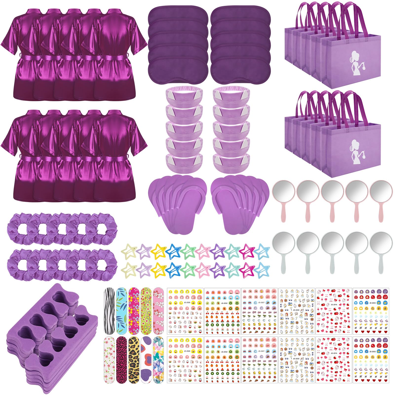Hoemwarm 122 Pcs Purple Girls Spa Party Kit, 10-Pack Slumber Party Favors with Satin Robes, Tote Bags, and Nail Salon Accessorie