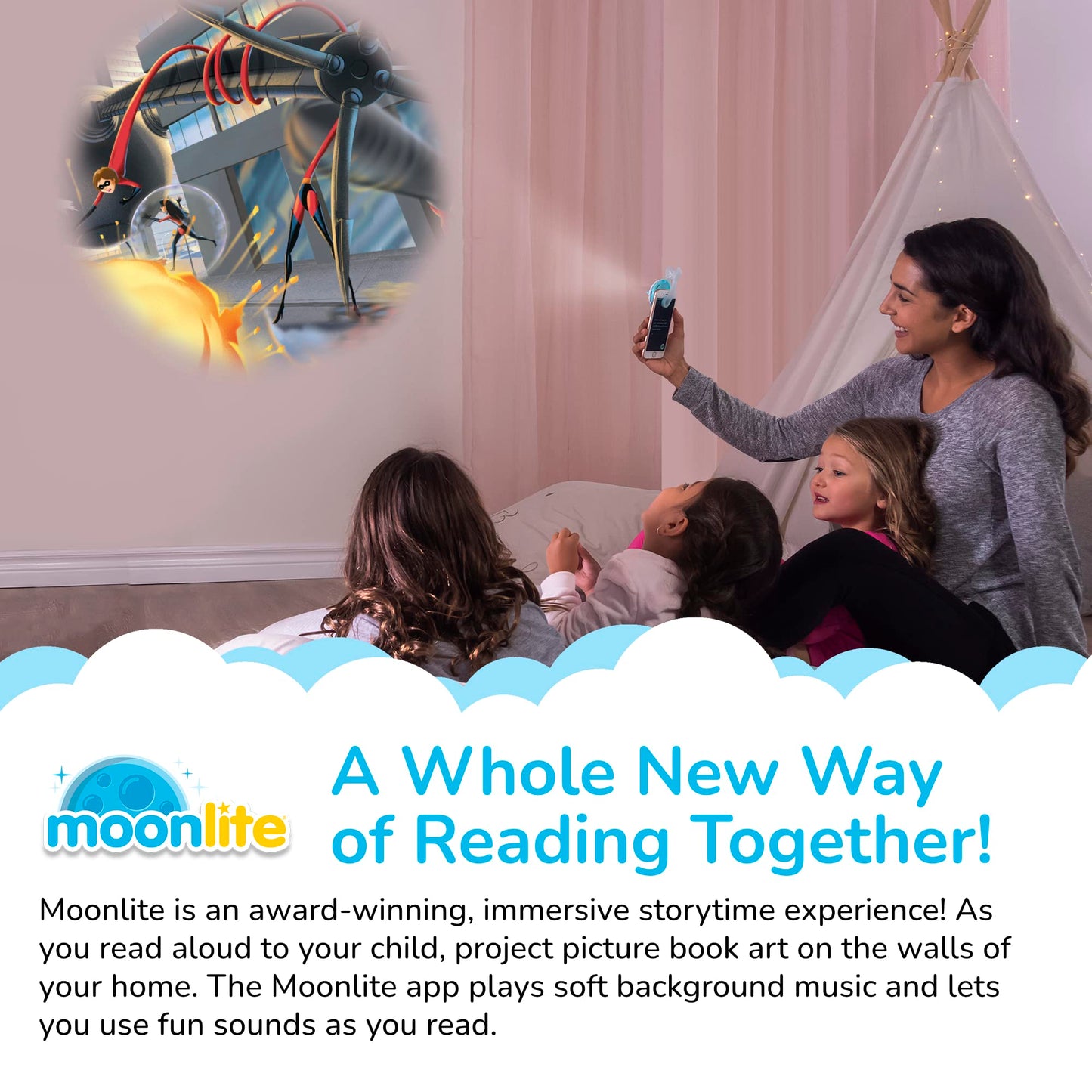 Moonlite Storytime The Incredibles Storybook Reel, A Magical Way To Read Together, Digital Story For Projector, Fun Sound Effects, Learning Gifts For Kids Ages 1 Year And Up