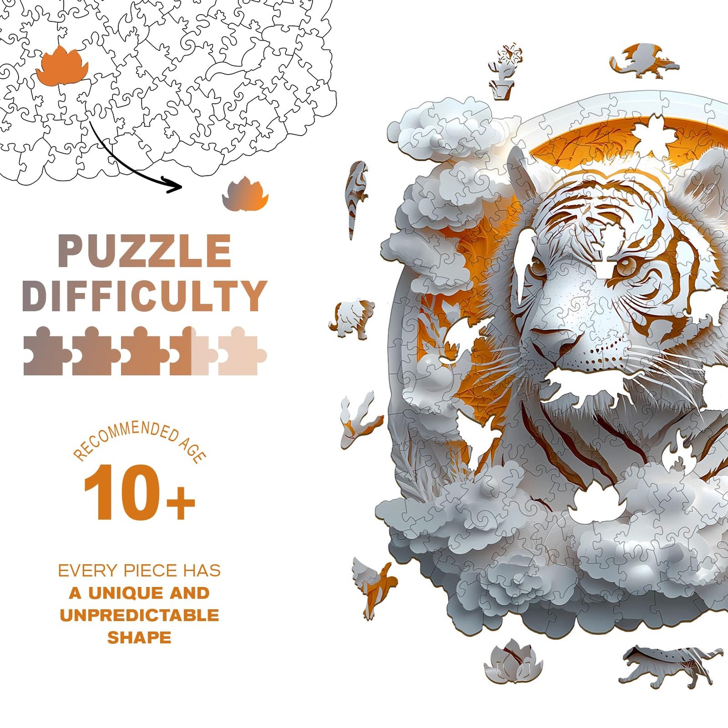 Wooden Puzzles for mature-themeds  Unique Animal Shaped Paper Tiger mature-themed Puzzle  3D Vision Wooden Jigsaw Puzzles mature-themed  Challenging Creative Gifts Family Games 11.4 * 11.4in 200pcs