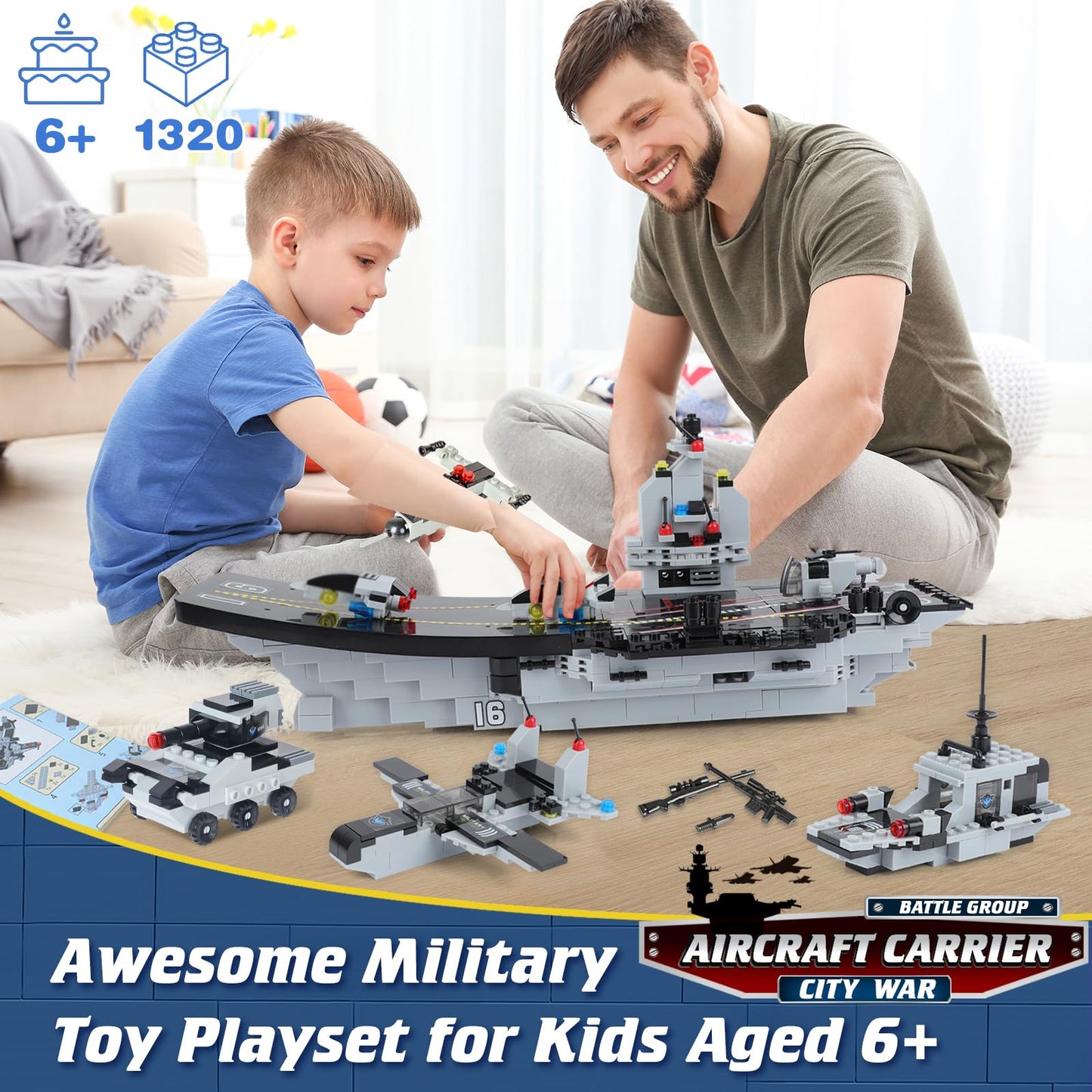 WishaLife 1320 Pieces Aircraft Carrier Building Blocks Set, Military Battleship Model Toy with Army Car, Helicopter & Boat, Mili