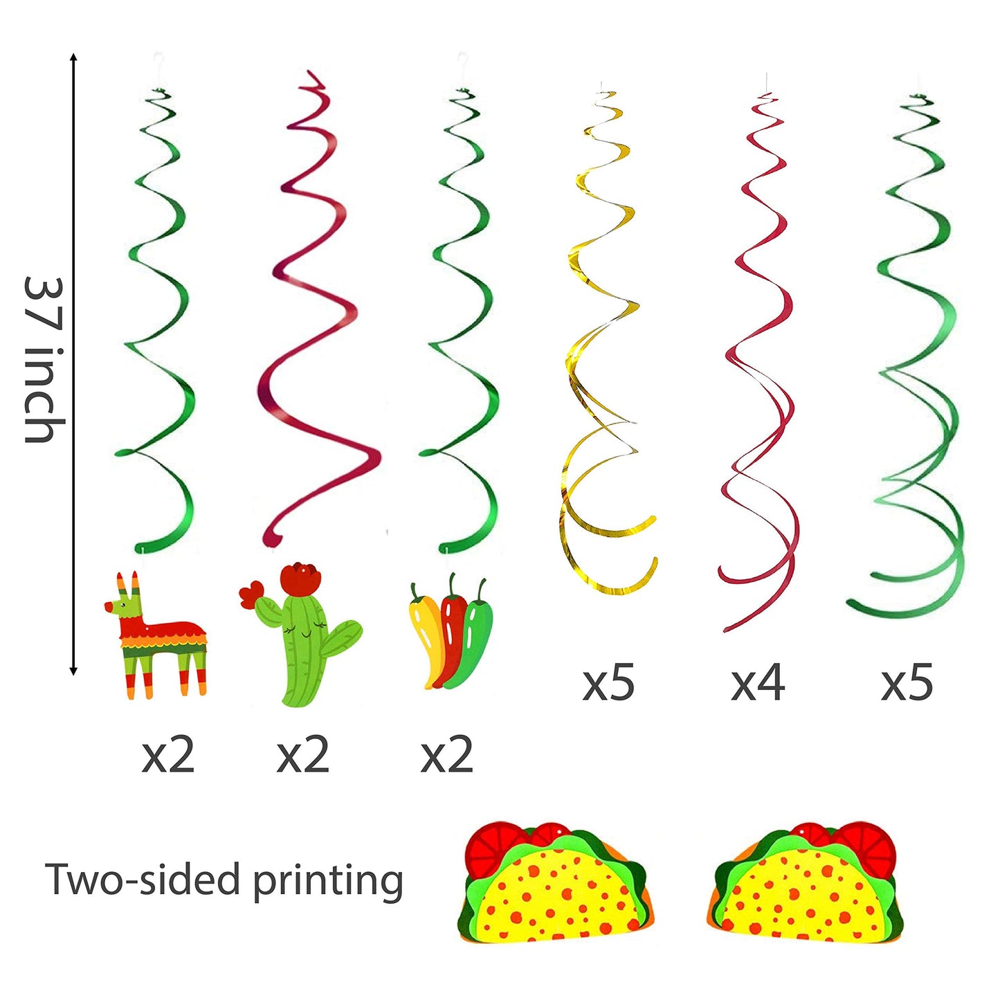 Kristin Paradise 30Ct Mexican Hanging Swirl Decorations, Fiesta Cinco De Mayo Party Supplies, Taco Twosday Birthday Theme, First