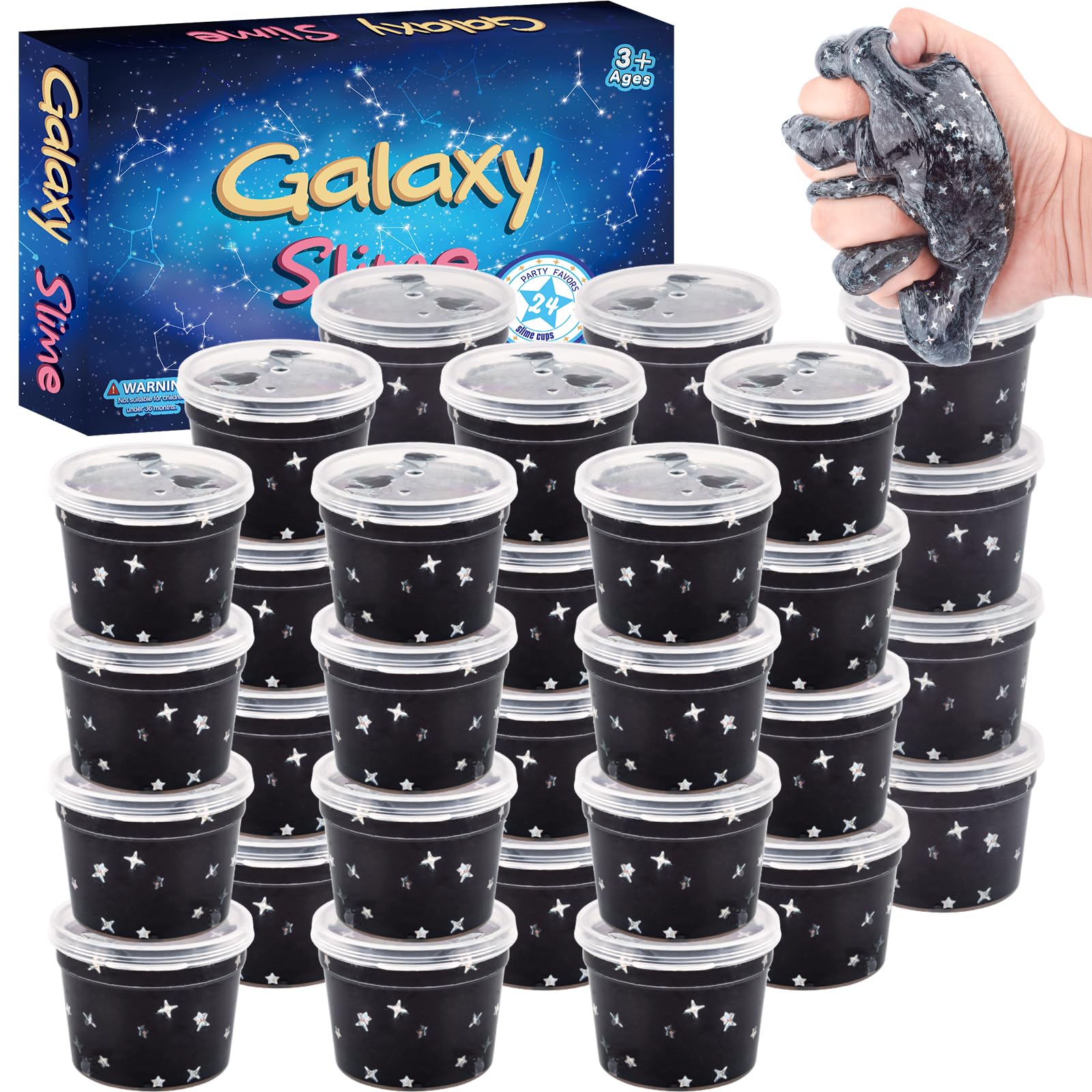 24 Pack Black Galaxy Slime Party Favors for Girls & Boys, Galaxy Star Slime Cup Bulk, Super Soft Sludge Toy, Wet, Non Sticky, Bi