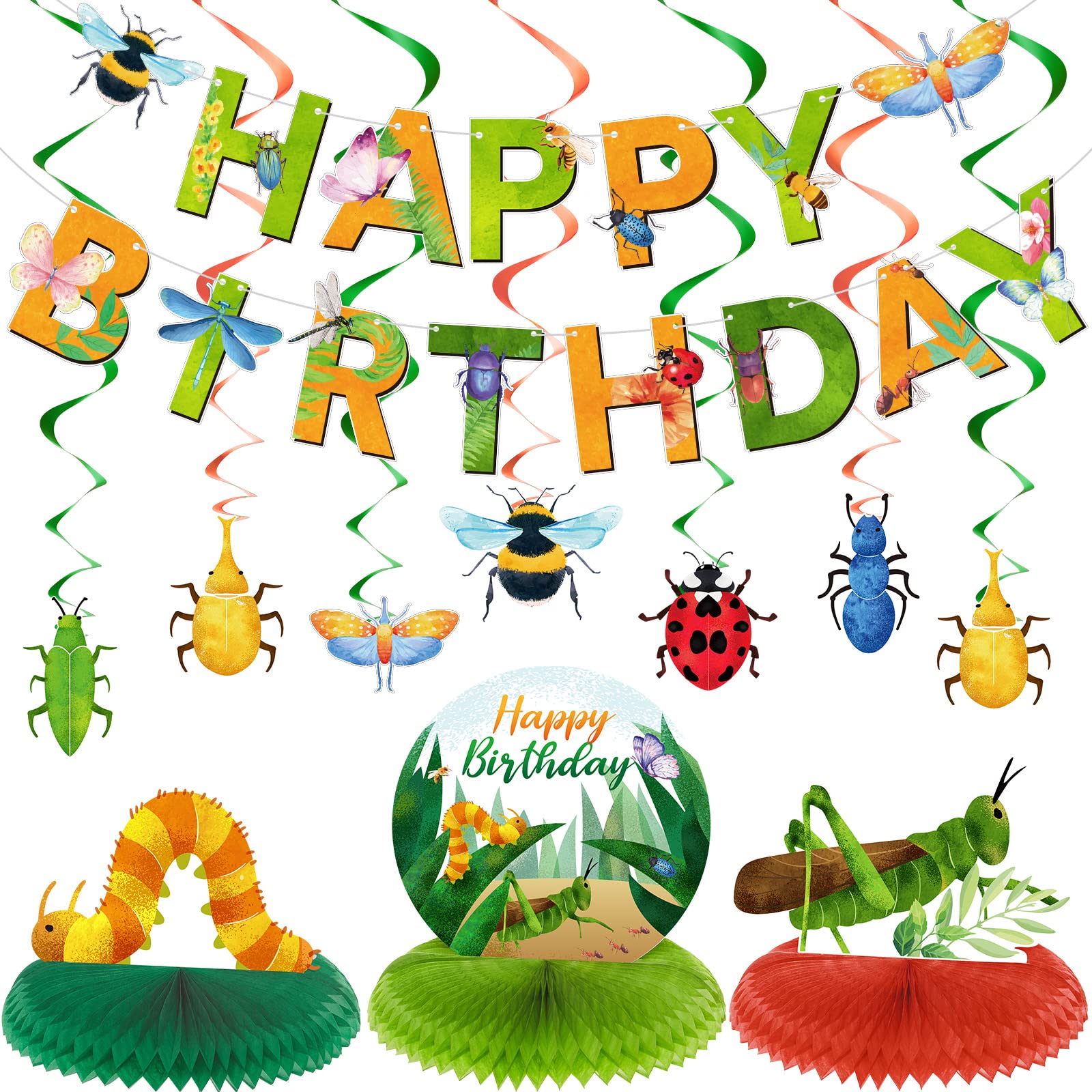 28 Pieces Bugs Party Decorations Spring Bugs Party Banner Bee Ladybugs Hanging Swirls Decor Insect Birthday Honeycomb Centerpiec