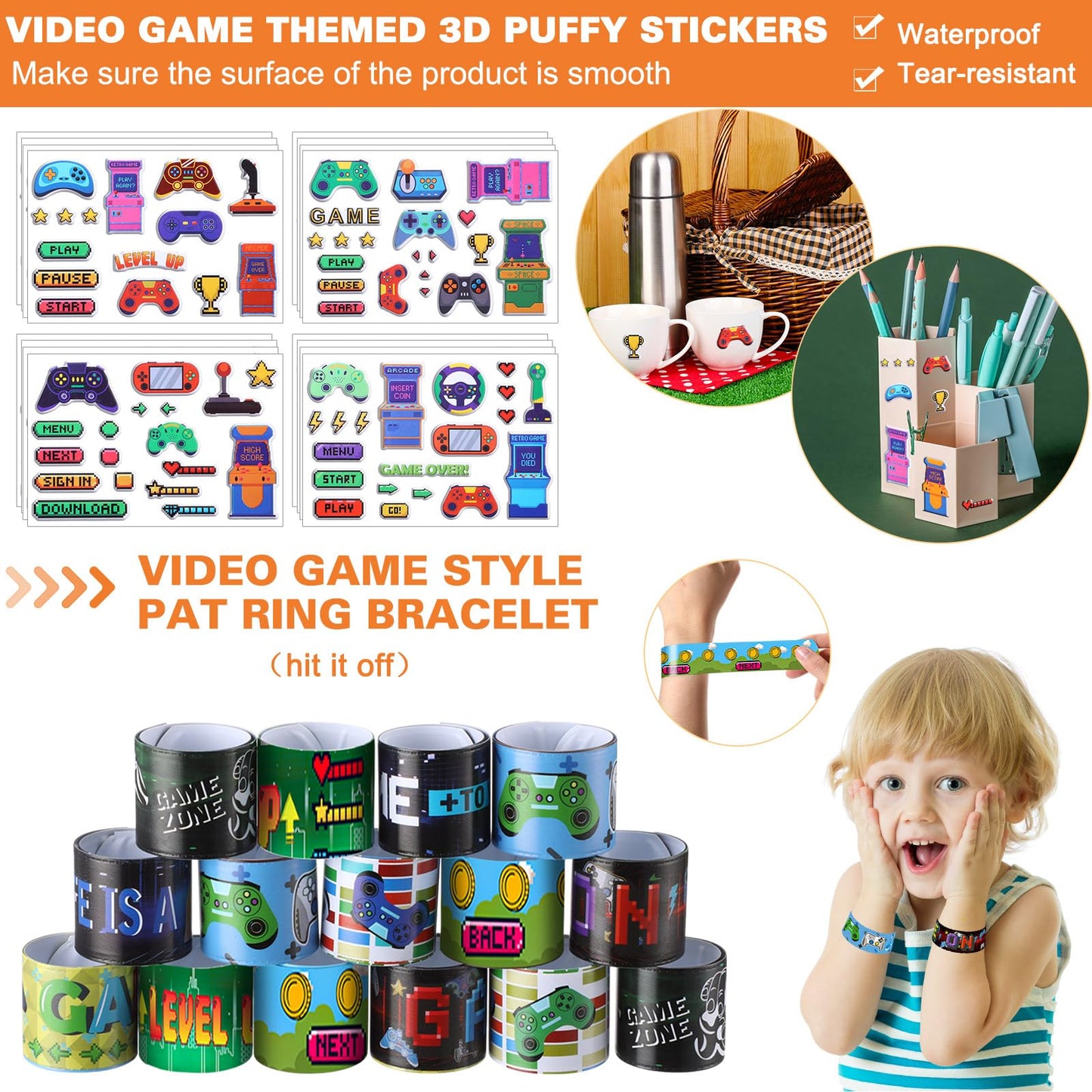 Sayglossy 331 Pcs Video Game Party Favors Set Includes Gift Bags Pencils Notebook Sharpener Slap Bracelets Rings Keychains Tatto