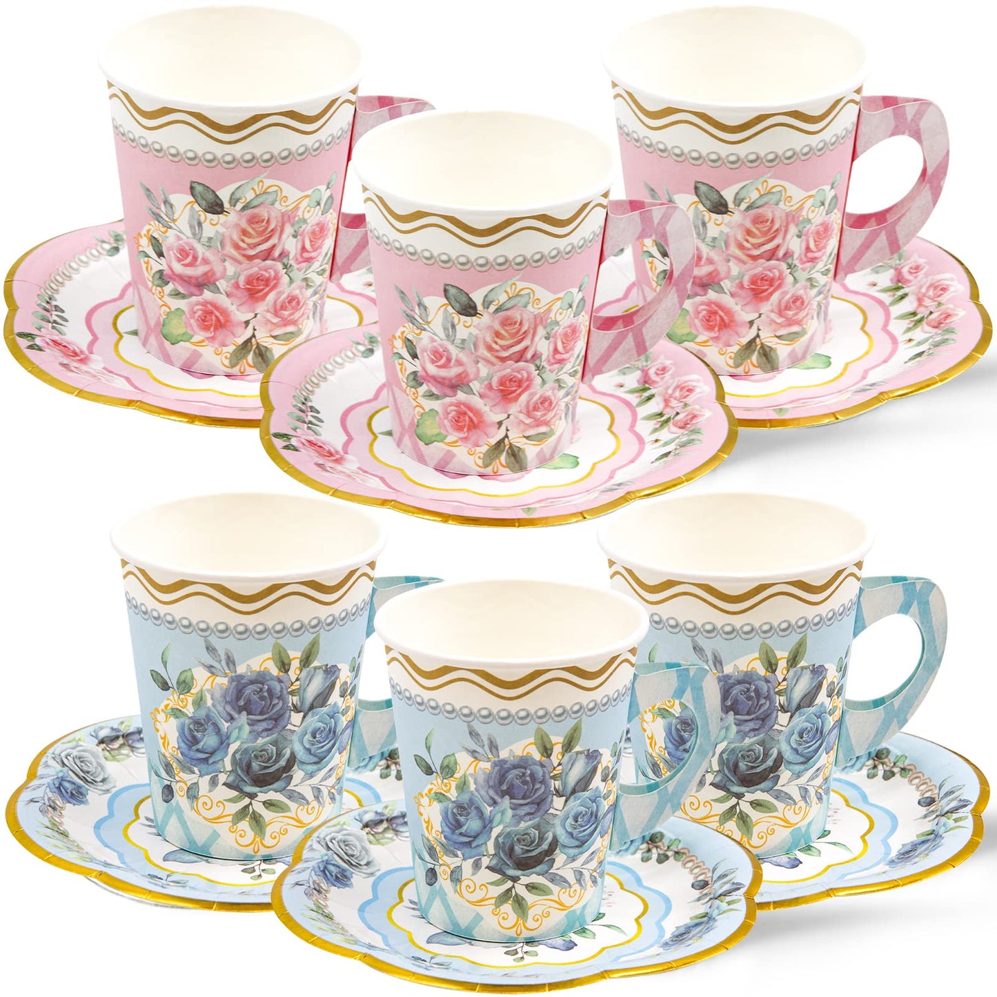 WorldBazaar Tea Party Cups and Saucers 24 Sets Floral Paper Cups with Handles 9oz Tea Party Decorations Flower Birthday Party Su