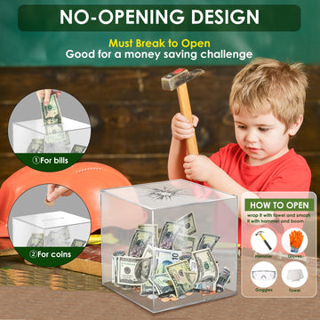 Piggy Bank For Adults Must Break To Open, Vcertcpl Acrylic Clear Piggy Bank Money Saving Box For Cash Saving, Unopenable Adults Piggy Bank For Real Money Bank Coin Bank Change Jar (Clear, 15X15Cm)