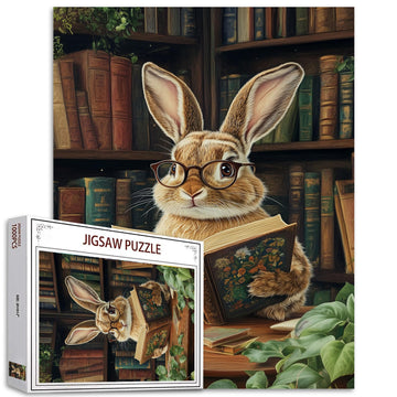 The Rabbit Wearing Glasses Puzzles for mature-themeds 1000 Pieces Retro Library Jigsaw Puzzle for mature-themed Collection Cute Bunny Reading Books Jigsaw Puzzles as Gift for Animal Lovers