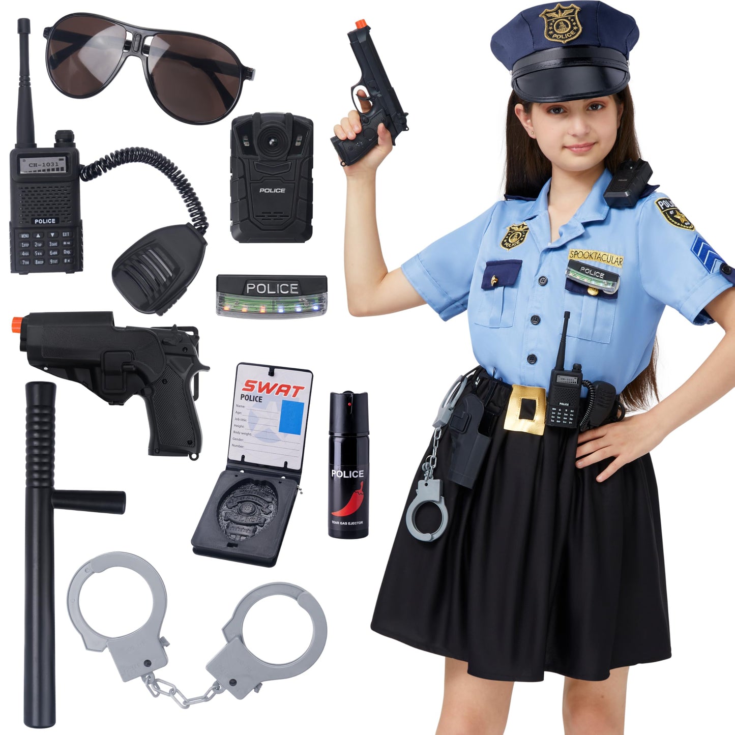 Spooktacular Creations 13 PCS Girls Police Officer Costume  Cop Costume Accessories for Kids Halloween Role-Playing and Dress-Up -M