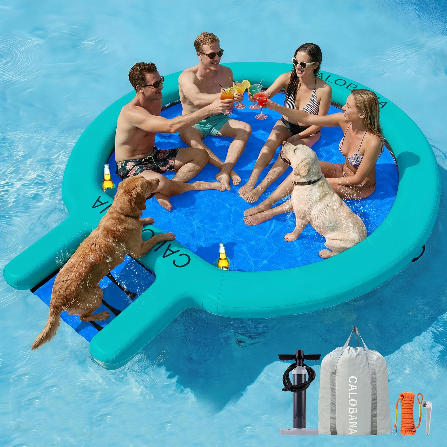 CALOBANA 10FT Water Hammock with Ramp, Inflatable Round Floating Ring with Ladder for Adults Pets, Heavy Duty Floating Dock with