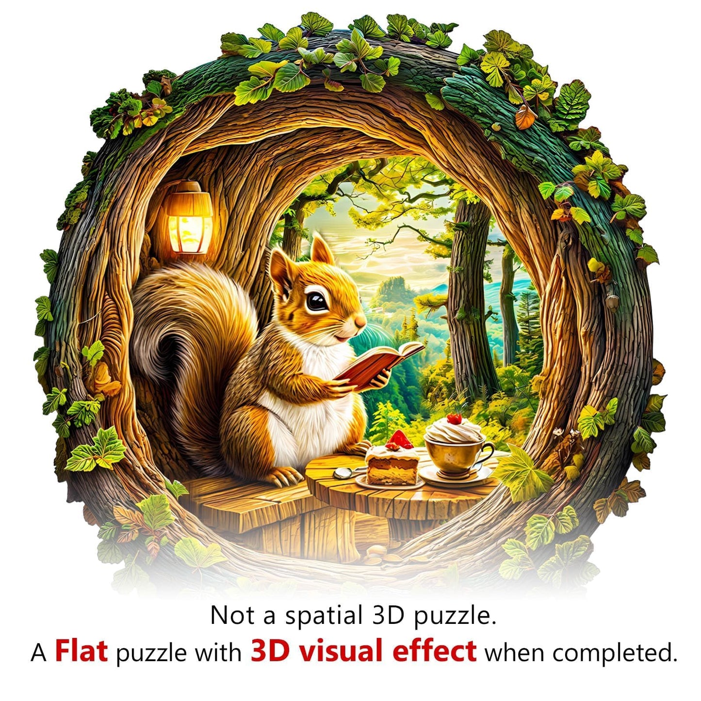 Wooden Puzzles for mature-themeds - Squirrel in The Cave  Flat Puzzle with 3D Visual Effect  Unique Shape Wood Puzzles mature-themed  Good Gift Idea for Friend and Family (L-13.4 * 13.1in-300 Pieces)