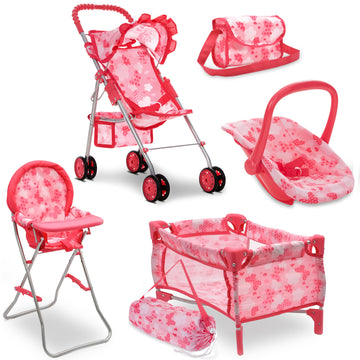 Dolls To Play Baby Doll Stroller Bed and Seat Nursery Playset, Accessories Furniture Set High Chair Diaper Bag Role Play Deluxe 