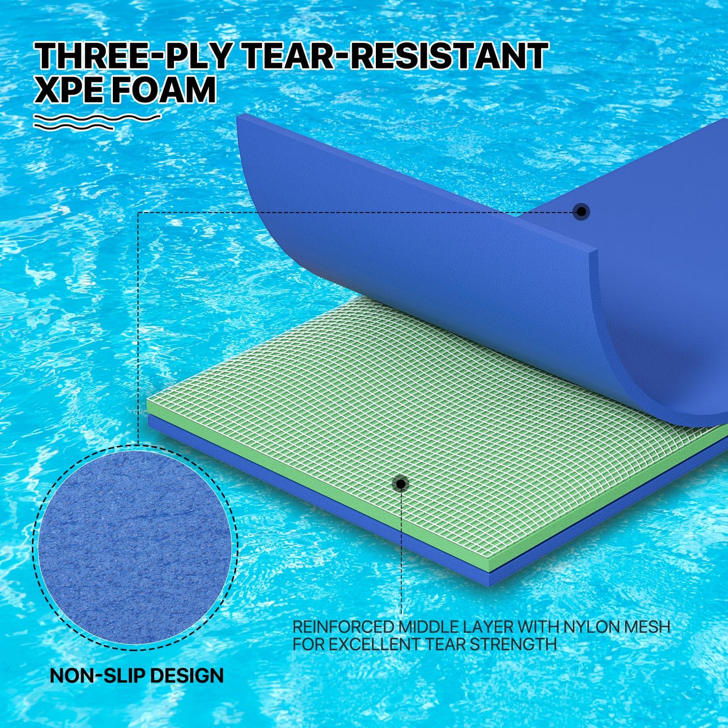 MADOG Outdoor Floating Water Mat - 12 x 6 Ft, Blue, Tear Resistant XPE Foam, Ideal for Beach, Lake, Pool, and Relaxation