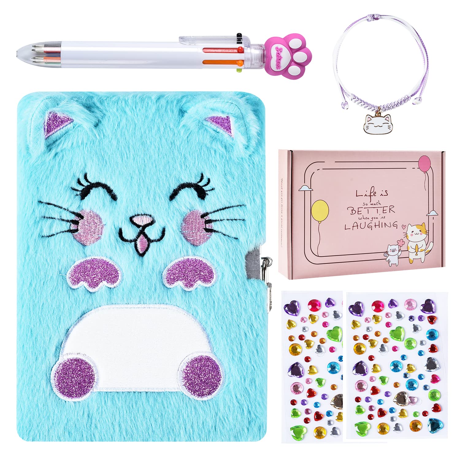 Diary For Girls With Lock And Keys, Kids Journal Travel Notebook For Writing, Cute Secret Dream Diary With Multicolored Pen, Stickers, Bracelet, Practical Gift For Birthday, Christmas (B Smile Cat)