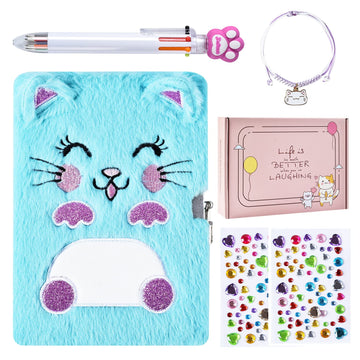 Diary For Girls With Lock And Keys, Kids Journal Travel Notebook For Writing, Cute Secret Dream Diary With Multicolored Pen, Stickers, Bracelet, Practical Gift For Birthday, Christmas (B Smile Cat)