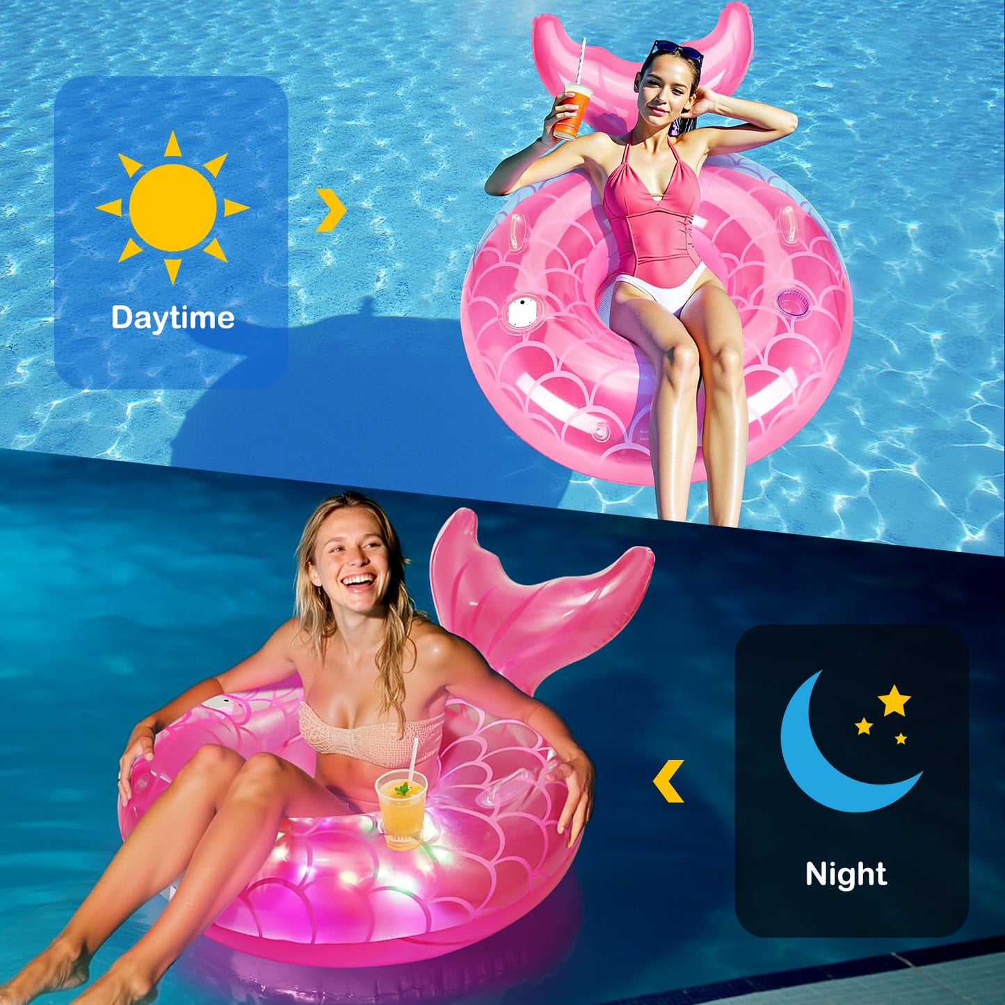 MoKo Pool Floats mature-themed with Lights  LED Lighted Pool Toys Tubes  42 Inches Mermaid Tail Pool Floaties with Cup Holder and Handles  Inflatable Swimming Pool Lights Floats for Party  Beach  Lake  Pink