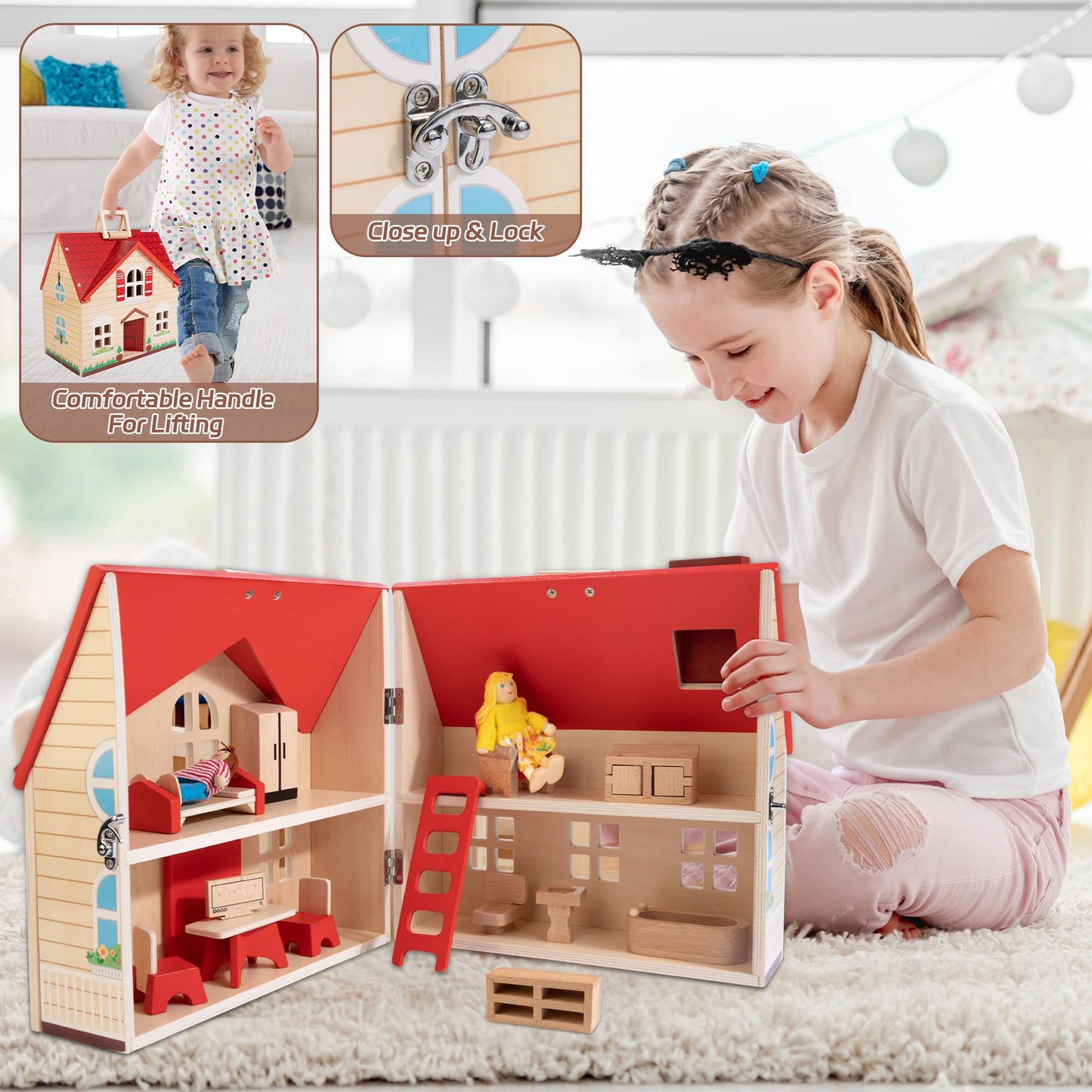 WOODMAM Foldable Wooden Dollhouse Set with 13 Furniture Pieces, 4 Rooms, Red, 1:12 Scale, Portable Handle, Ideal Christmas Gift for Kids