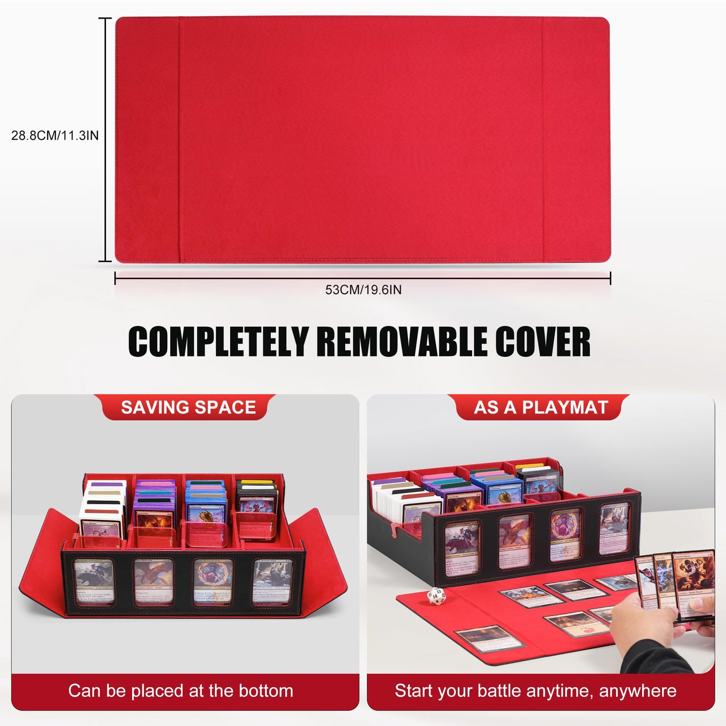 Kabinka Trading Card Storage Box with Commander Display  4-Row Deck Case with Removable Lid; 2400+ Card Deck Box for MTG TCG Sports Card  4 Toploaders  4 Stoppers  24 Dividers 1 Dice Bag (Black Red)