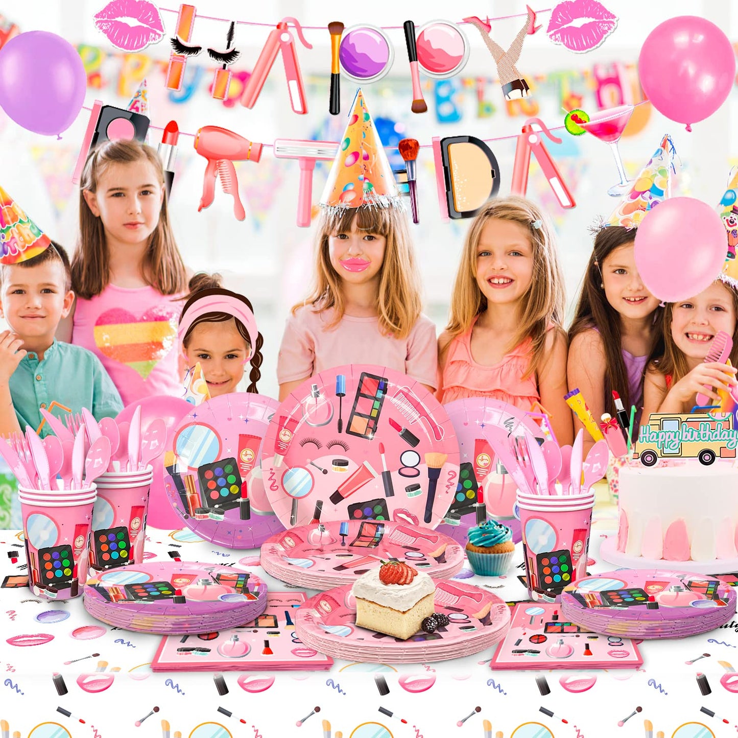 Makeup Birthday Party Supplies,165pcs Spa Party Decorations Set-Makeup Theme Party Decoration Plates Cups Napkins Banner Balloon