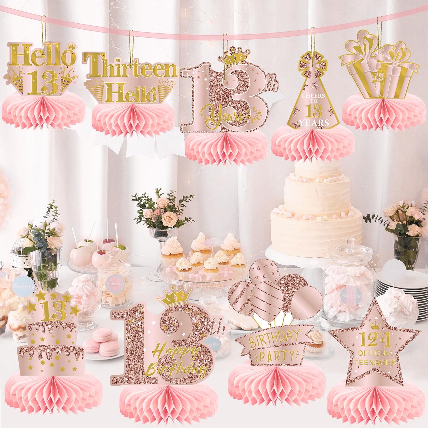 9Pcs 13Th Birthday Decorations Pink Rose Gold Honeycomb Centerpieces For Girls,Happy 13Th Birthday Table Centerpieces Party Supp