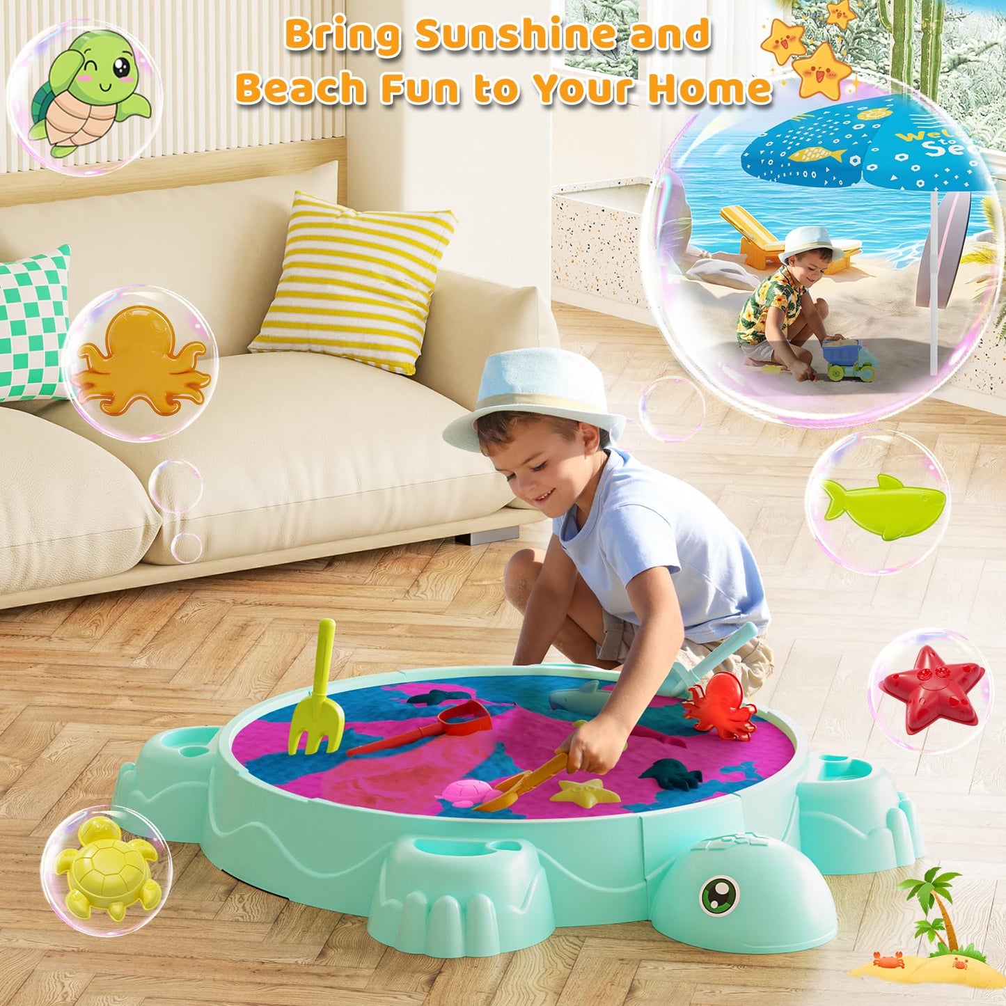 Turtle Sandbox with Lid & Adjustable Umbrella, Kids Sand Box with Sand Molds and Shovels Set for Sensory Play, Toddler Outdoor I