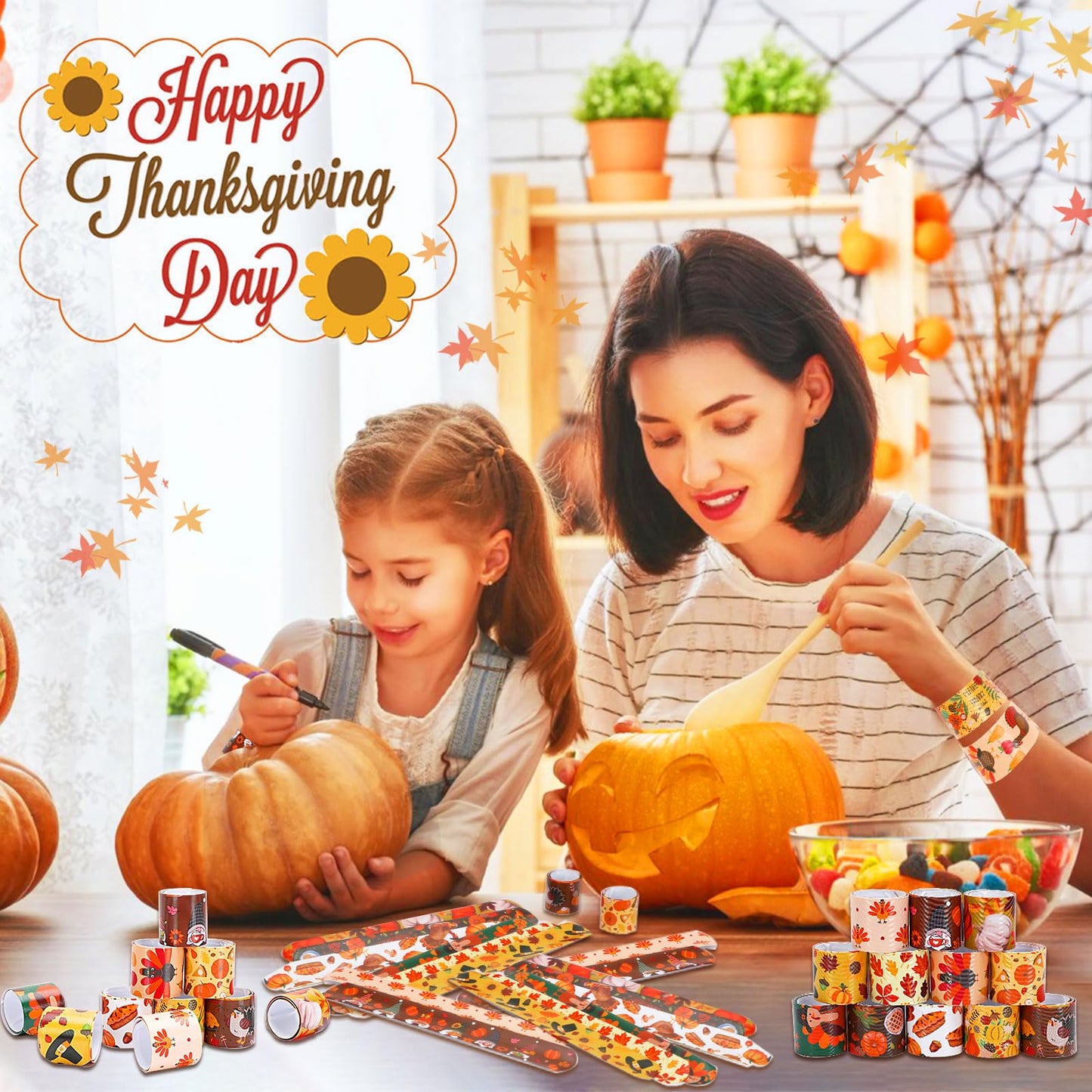 JUNEBRUSHS Thanksgiving Slap Bracelets, 56 Pcs Thanksgiving Gifts for Kids Autumn Maple Leaf Turkey Pumpkin Snap Bracelets Wrist