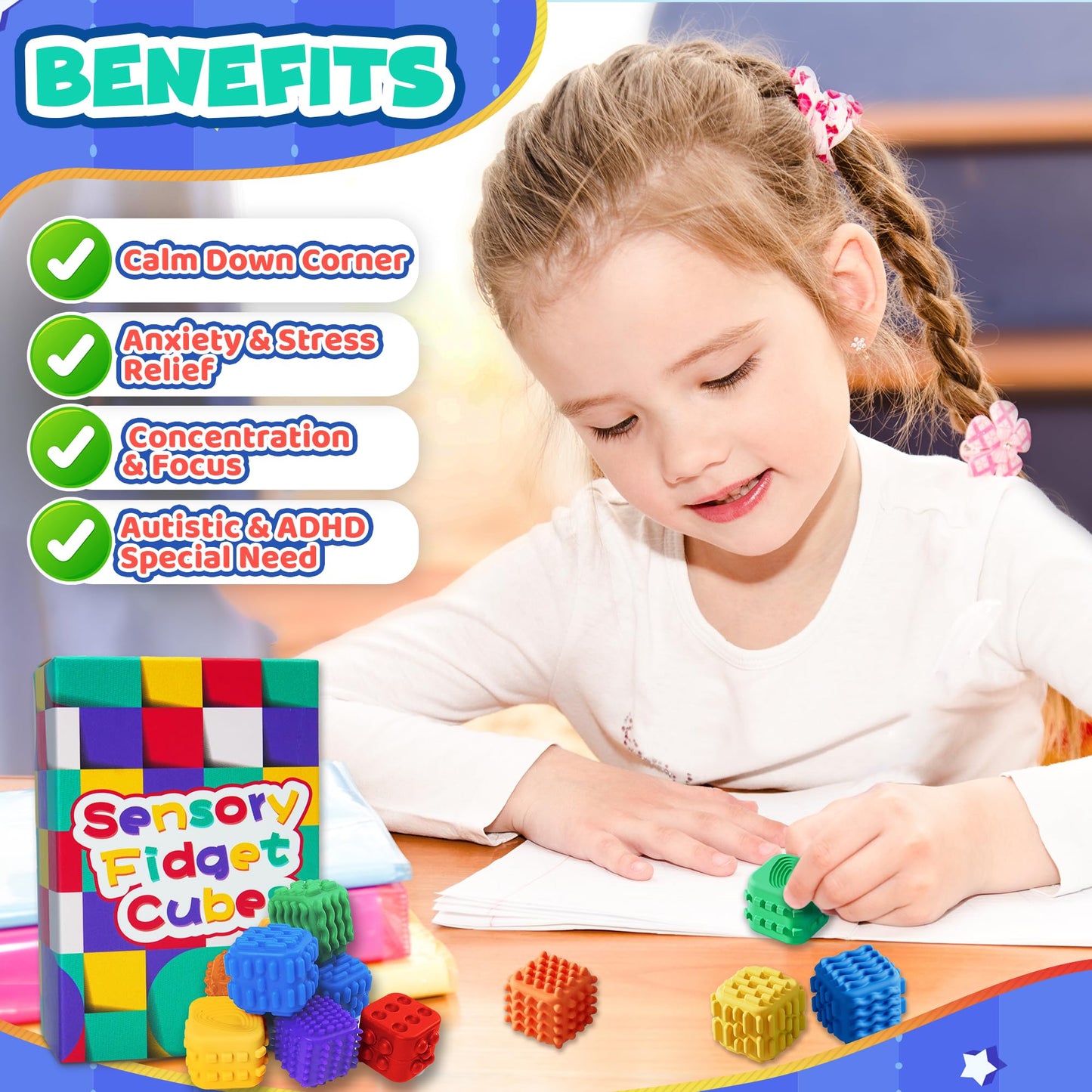 Fidget Cube Toys For Kids Adults Textured Silicone Sensory Cubes Quiet Fidgetstoys For Autism Adhd Teen Silent Office Stress Toy