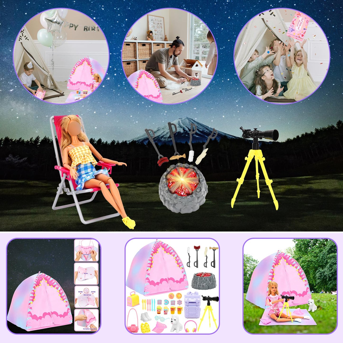 BARWA 35 Pcs Travel Camping Tent Set Include Doll Tent Casual Dress  Outfits  Campfire with Light  Telescope  Backpack  Placemat  Chair  Toy Dog Camping Playset for 11.5 Inch Girl Dolls for Kid