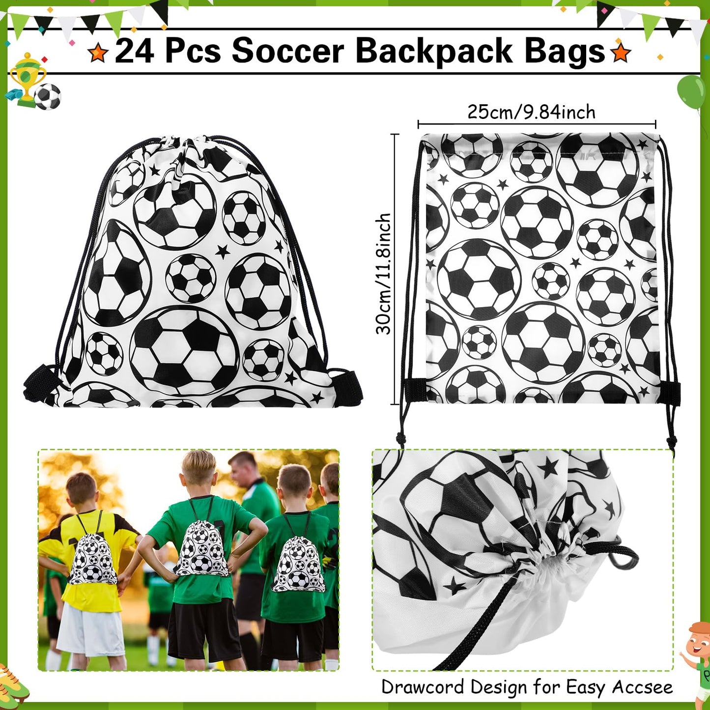 Equsion 144 Pcs Soccer Party Favors Drawstring Bags with Adjustable Bracelets Stress Balls Keychains Stickers and Wish Cards for