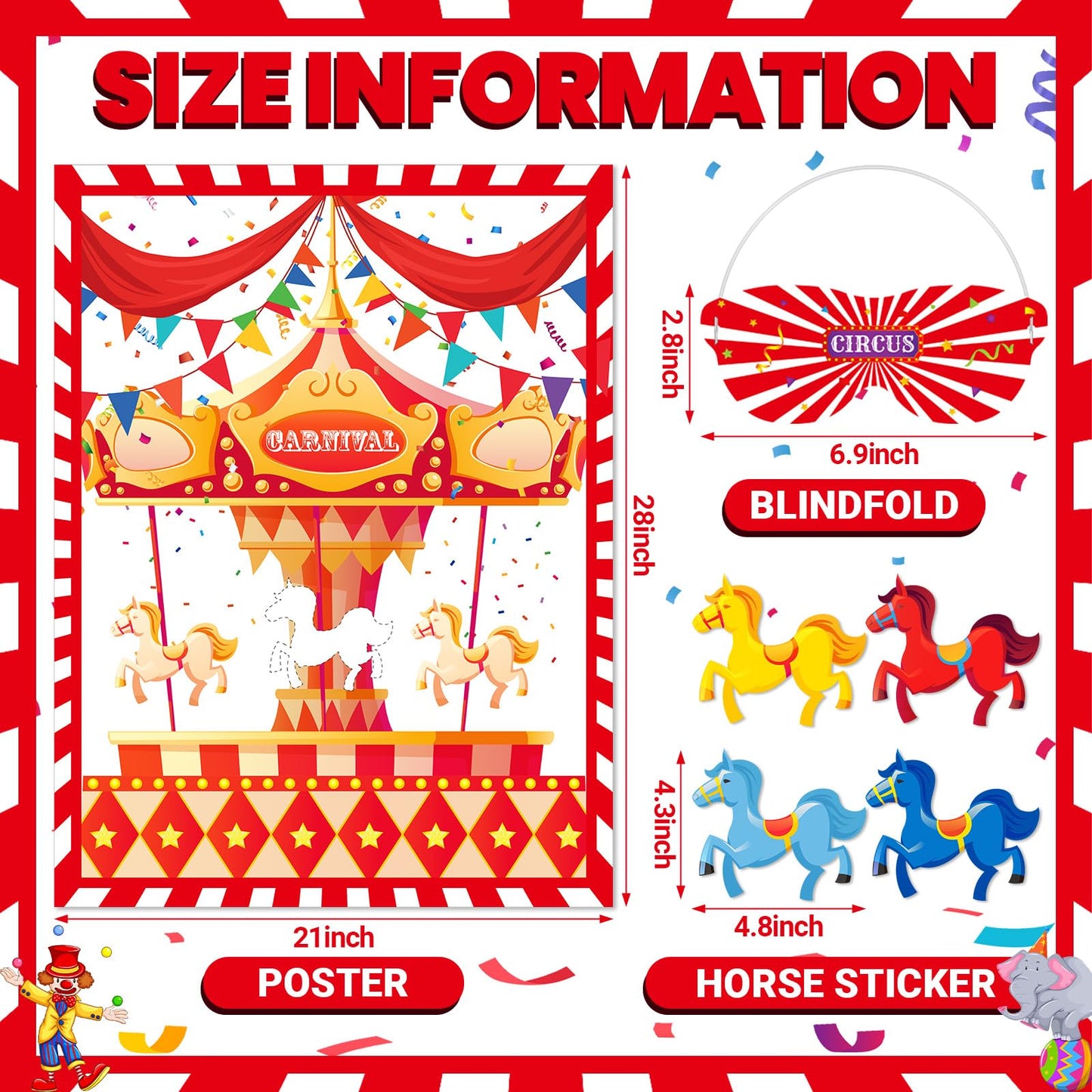Faccito Carnival Circus Party Games Pin The Stickers on The Large Poster with 24 Pcs Stickers Blindfold Carnival Pin Game Set fo