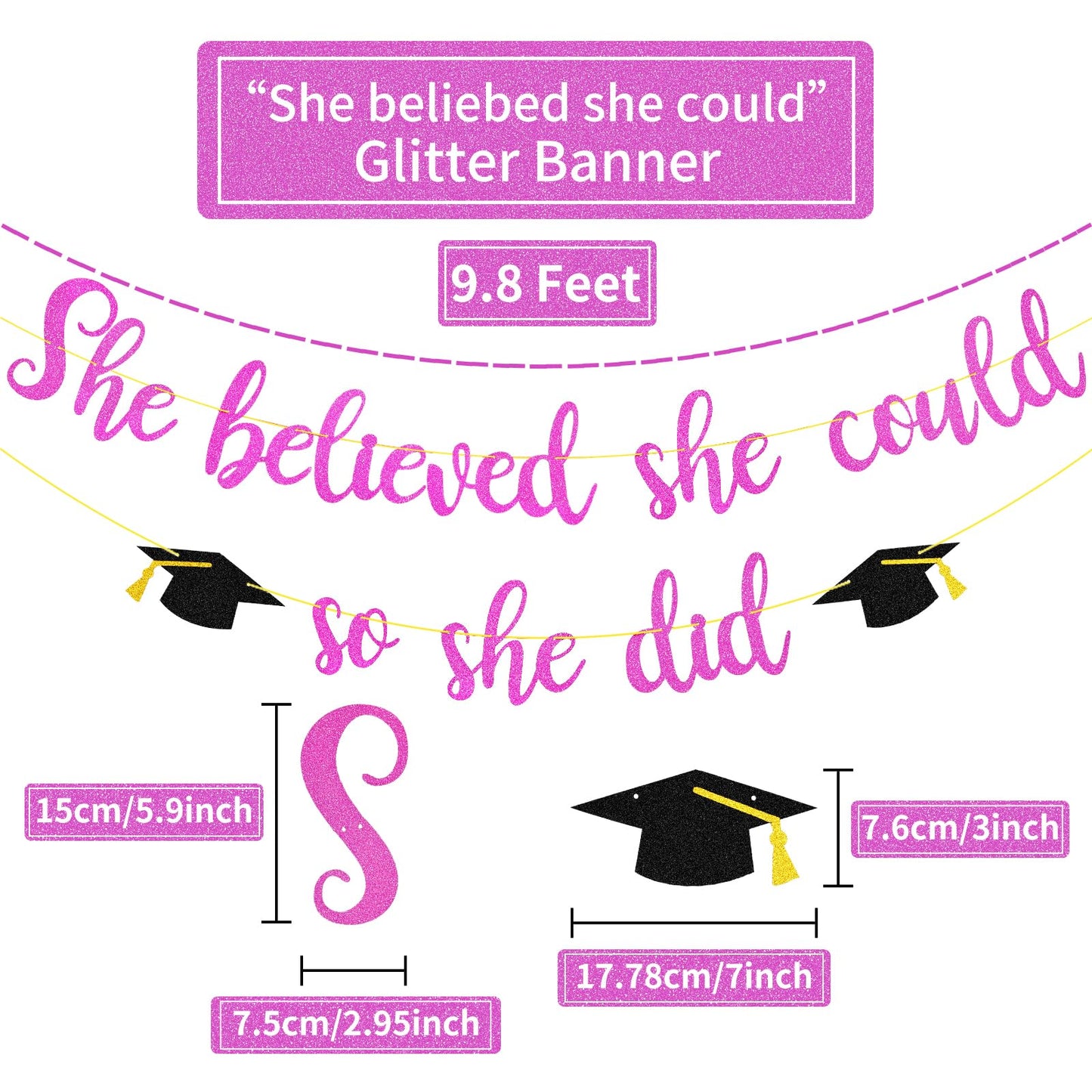 She Believed She Could So She Did Banner Decorations - Glitter She Did It 2024 Garland Graduation Bunting Banner, Congrats Grad