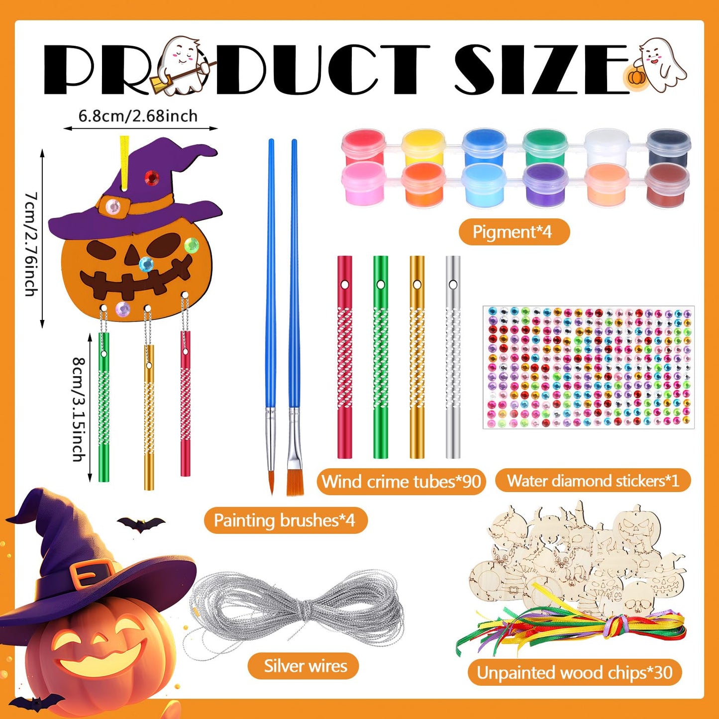 JellyArch 30 Pack Halloween Wind Chime Making Kit for Kids Make Your Own Wind Chime Ghost Spider Wooden Crafts Ornaments for Gir