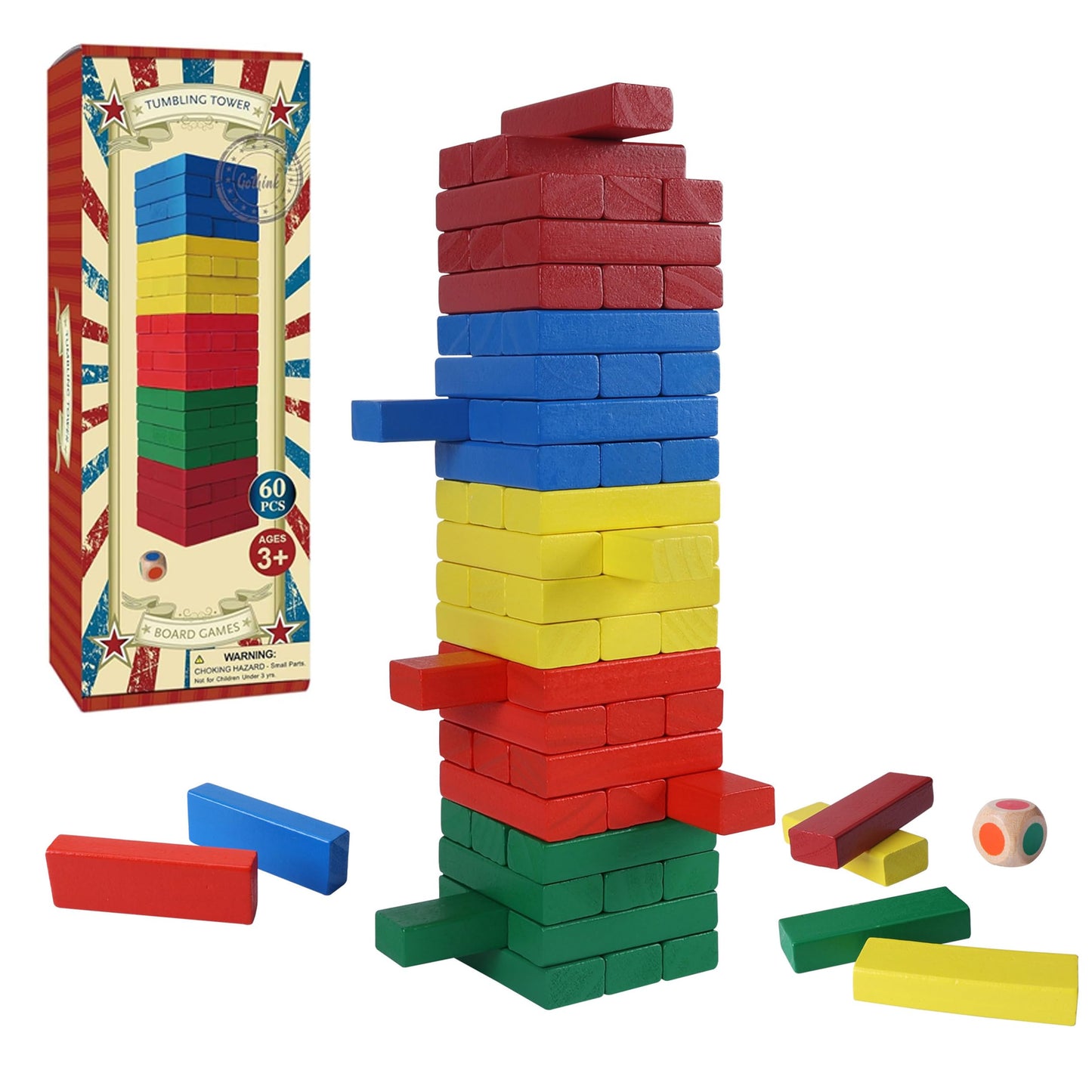 Gothink 60Pcs Wooden Blocks Stacking Board Games, Classic Tumbling Stacking Blocks Game For Kids And Families, Wood Colorful Balancing Blocks Montessori Toys Gift Set For Kids Boys Girls