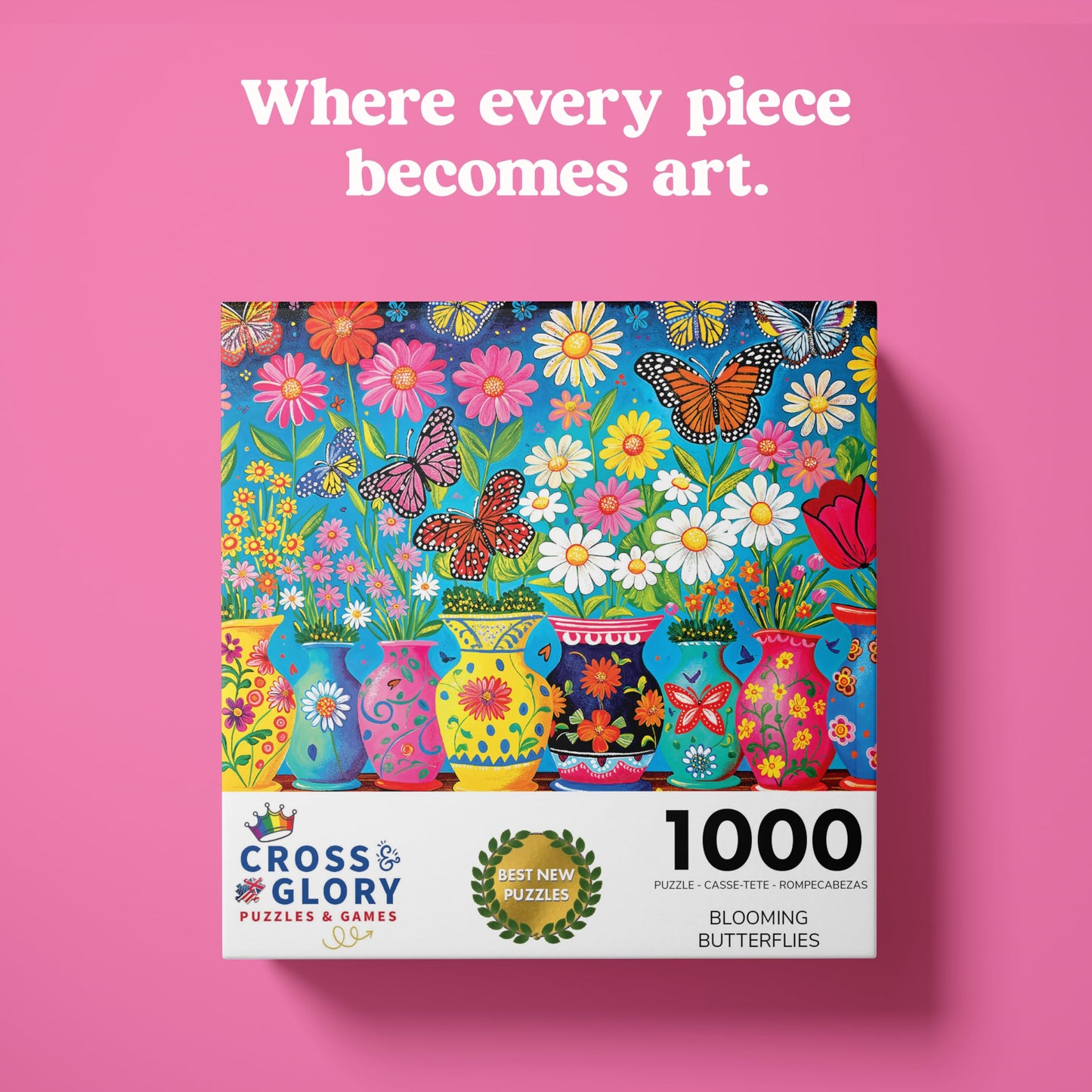 Cross & Glory - Blooming Butterflies - 1000 Piece Jigsaw Puzzle for Adults | Best New Spring Garden Puzzle | Vibrant Butterfly a