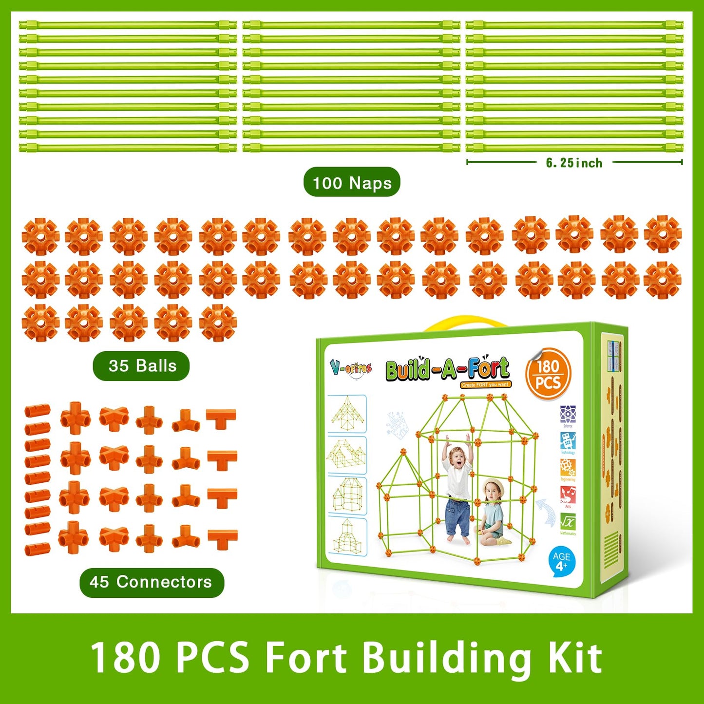 V-Opitos 180 Pack Fort Building Kits For Kids Age 4, 5, 6, 7, 8+ Years Old, Creative Building Toys For Diy Castles, Tunnels, Play Tent, Ideal Christmas, Birthday Gifts For Boys & Girls