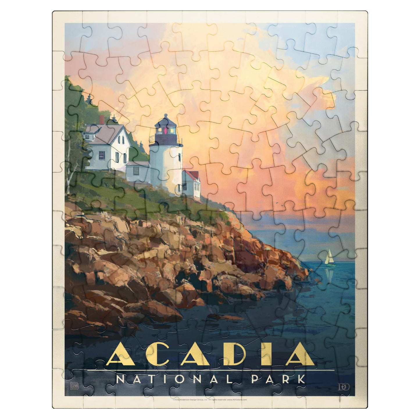 MyPuzzle Acadia National Park: Lighthouse  Vintage Poster - enhanced 100 Piece Jigsaw Puzzle for mature-themeds