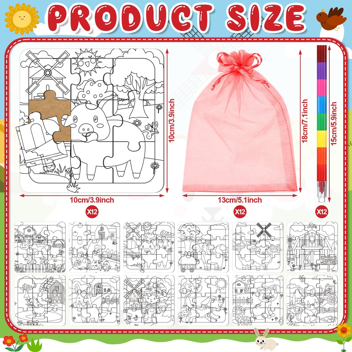 Fullhawl 12 Sets Farm Animal Puzzles Barnyard Color Your Own Puzzles DIY Barn Theme Jigsaw Crafts with 12 Stackable Crayons 12 Bags for Farmhouse Animal Gifts Birthday Party Supplies Favors