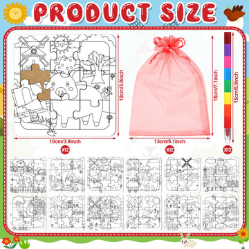 Fullhawl 12 Sets Farm Animal Puzzles Barnyard Color Your Own Puzzles DIY Barn Theme Jigsaw Crafts with 12 Stackable Crayons 12 Bags for Farmhouse Animal Gifts Birthday Party Supplies Favors