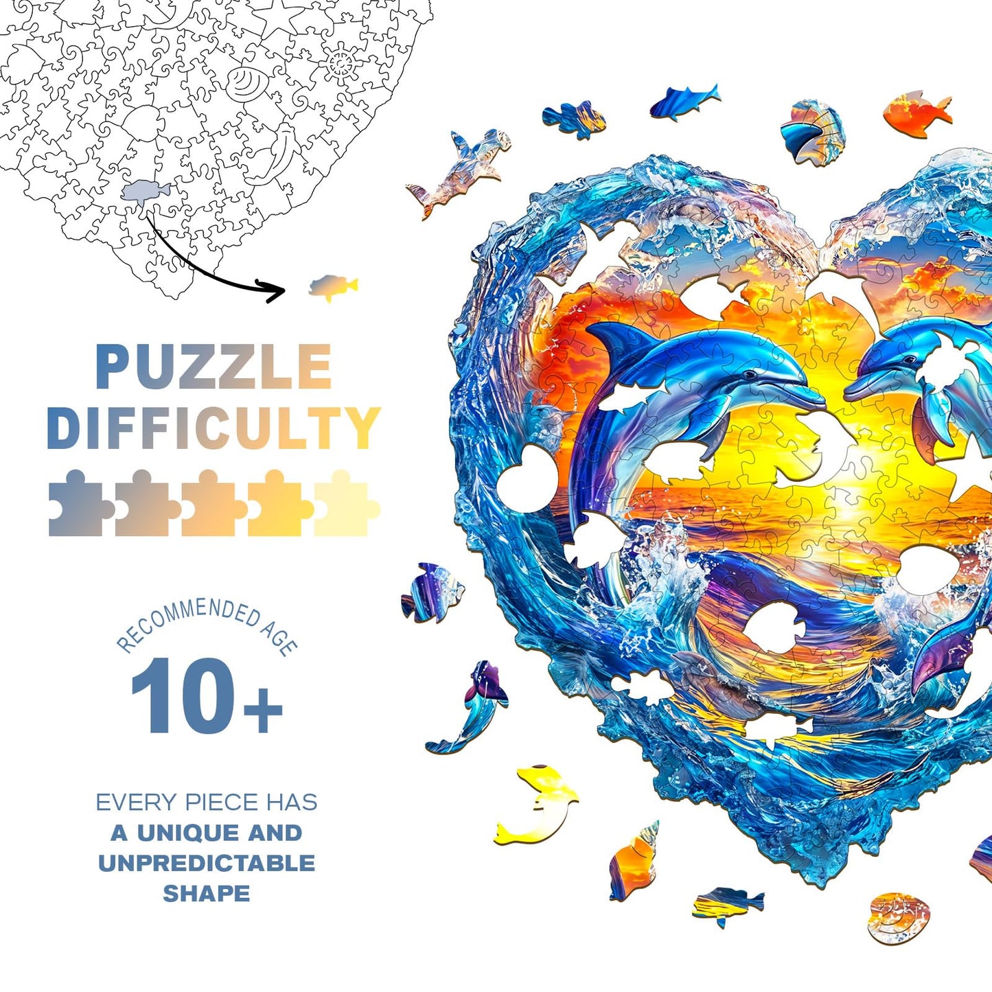 Wooden Puzzles for mature-themeds  Unique Animal Shaped Heartfelt Dolphins mature-themed Puzzle  3D Vision Wooden Jigsaw Puzzles mature-themed  Challenging Creative Gifts Family Games 13.4 * 13.1in 250pcs
