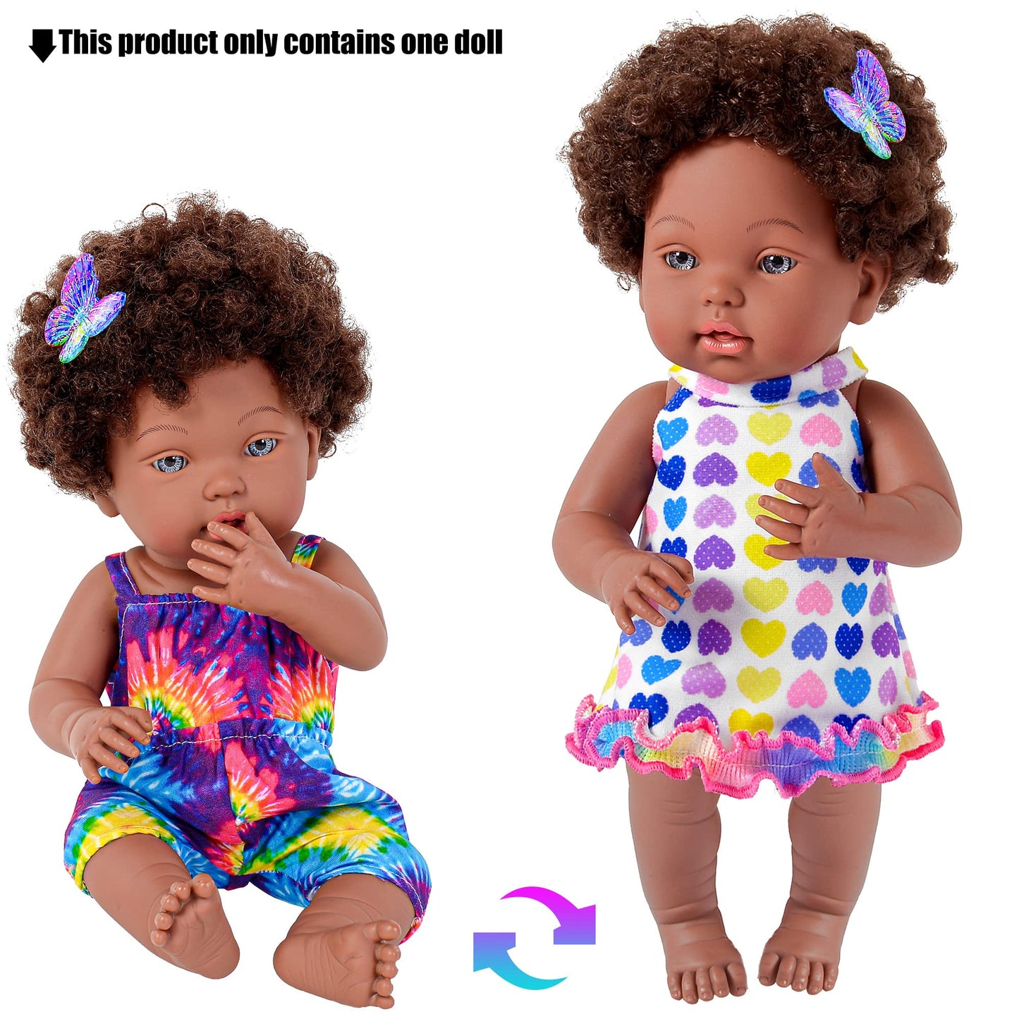 Dollbie 14 Inch Reborn Baby Dolls Black African American Baby Doll With Hair Doll & Accessories (1 Doll+2 Sets Clothes+7 Pcs Acc
