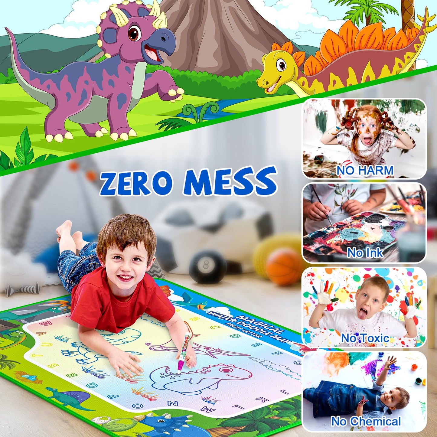 Water Doodle Mat for Kids 32x40 Inch, Reusable Coloring Mat Educational Toy for 3 4 5 6 7 8 Years Old Girls & Boys, Neon Color M