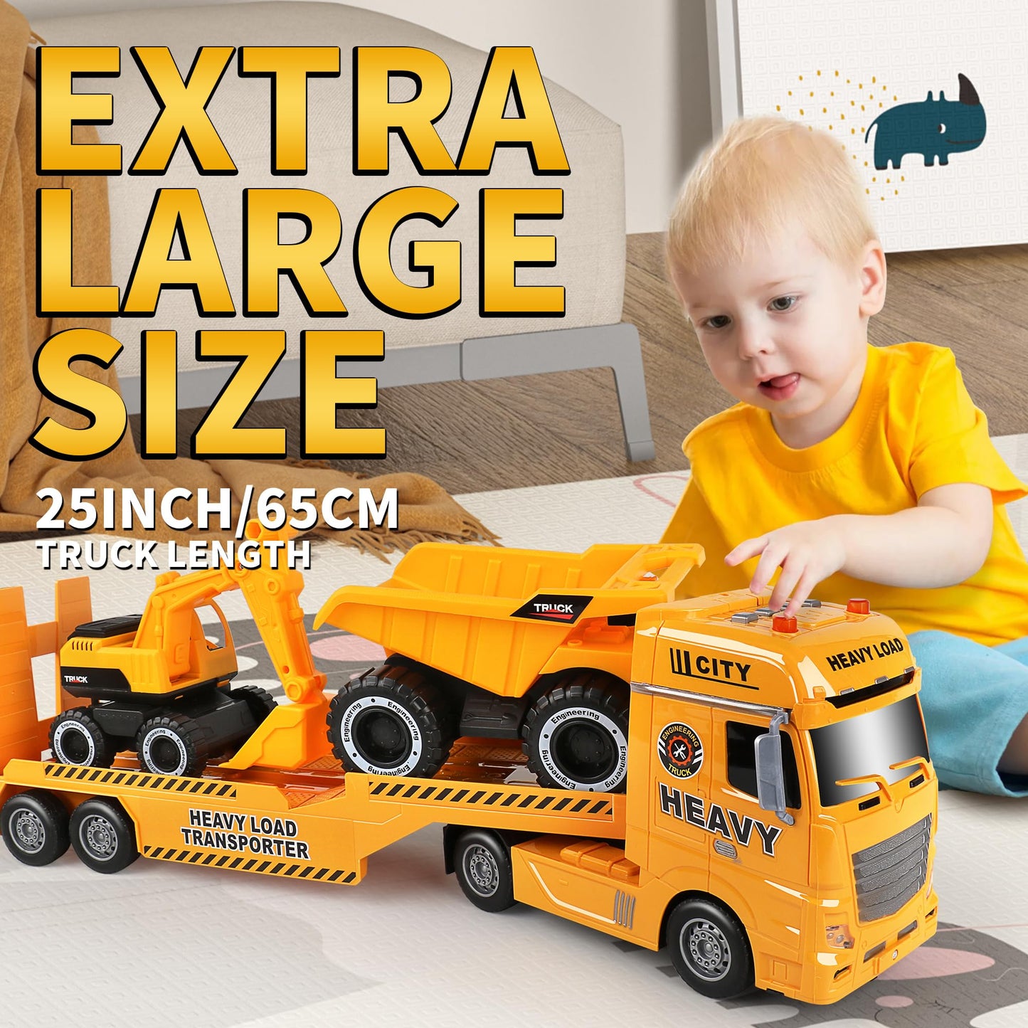 Dwi Dowellin Construction Carrier Truck Toy, 25.6" Excavator & Dump Truck, Yellow, Model 666-68F, for Kids Ages 3-6+