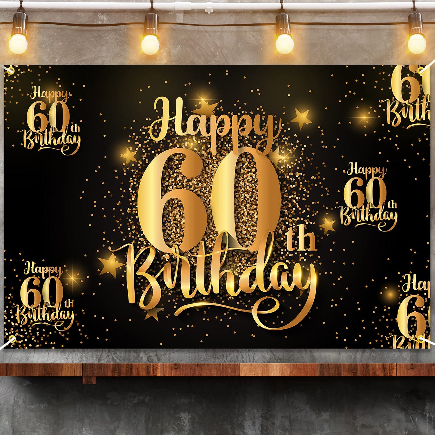 Nc Happy 60Th Birthday Backdrop Banner Step And Repeat 60 Years Old Background Decorations For Women Men Her Him Photography Party Supplies Glitter Black Gold